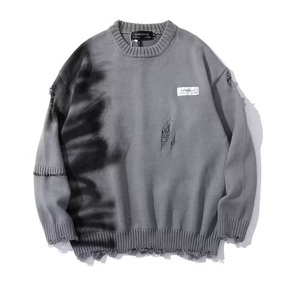 image of Vintage Graffiti Printed Round Neck Knit Sweaters in Grey, Men's (Size Large)