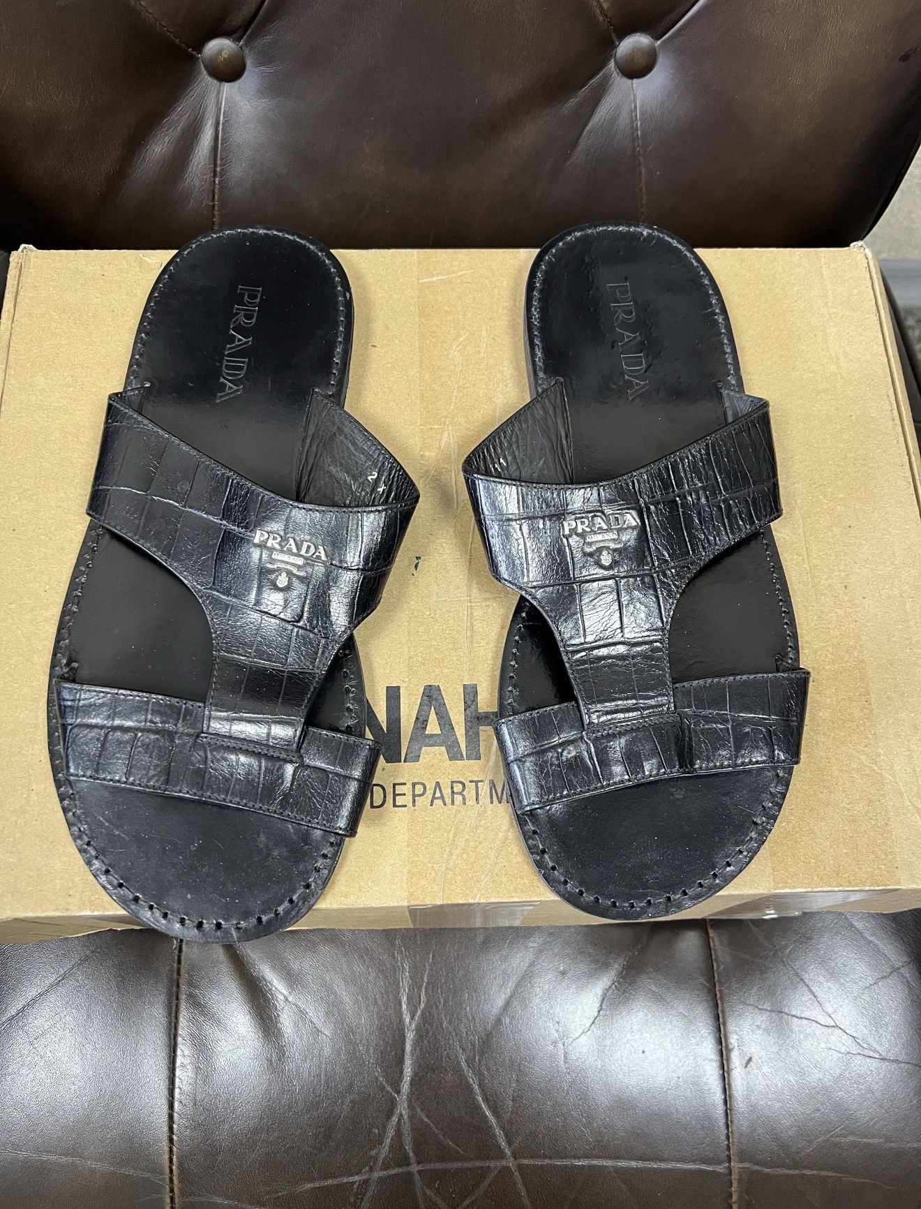 Prada PRADA Crocodile Leather Logo Sandals Slides shoes Black Size US 11 / EU 44 - 1 Thumbnail