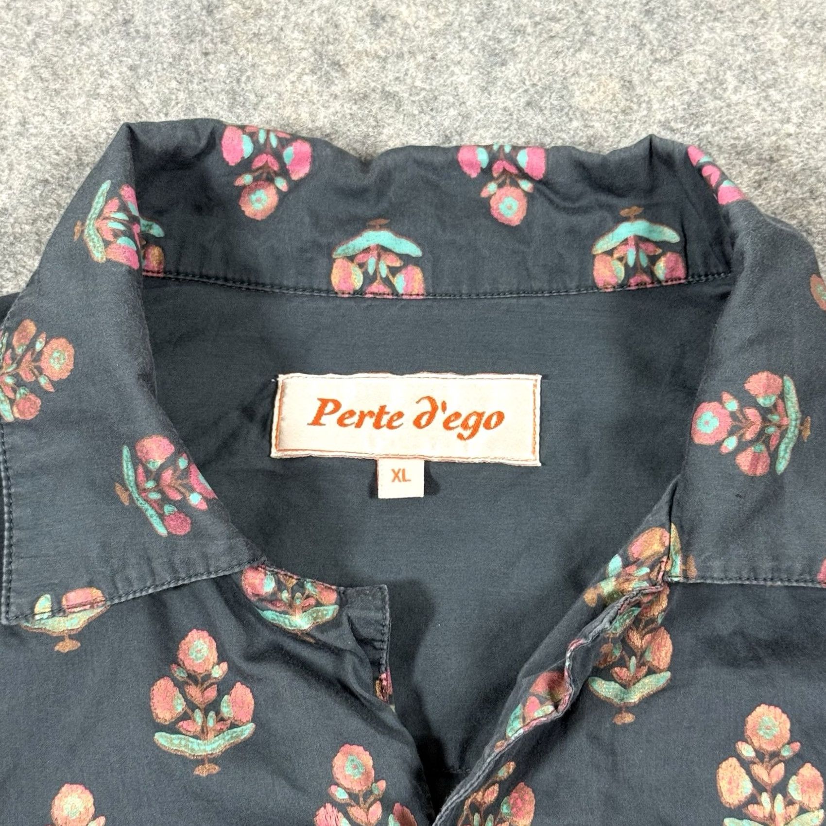 Vintage Perte D’ego Shirt XL Black Floral Print Button-Up Long Sleeve Men’s Regular Fit Size 46R - 4 Thumbnail