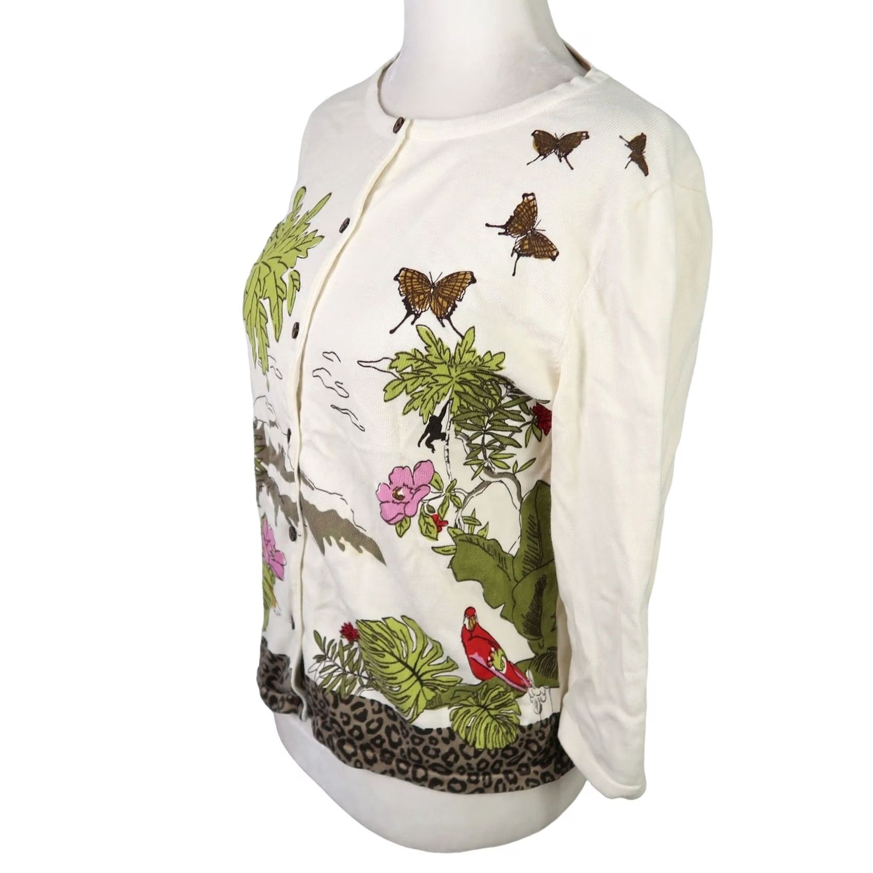 Vintage Christopher & Banks Sweater Womens S Cream and green nature theme knit cardigan Size S / US 4 / IT 40 - 3 Thumbnail