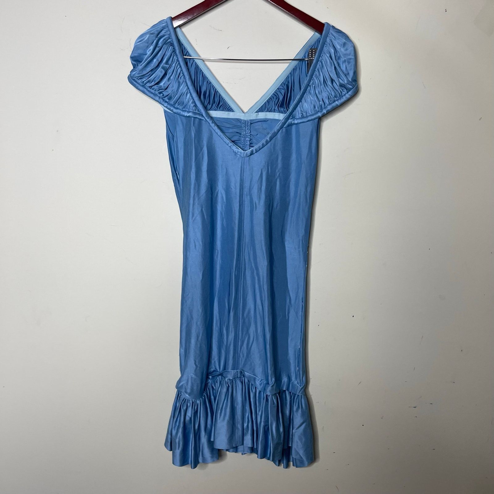 Paco Rabanne Paco Rabanne Blue Metallic Puff Sleeve Ruffle Hem Mini Dress Size L / US 10 / IT 46 - 8 Thumbnail
