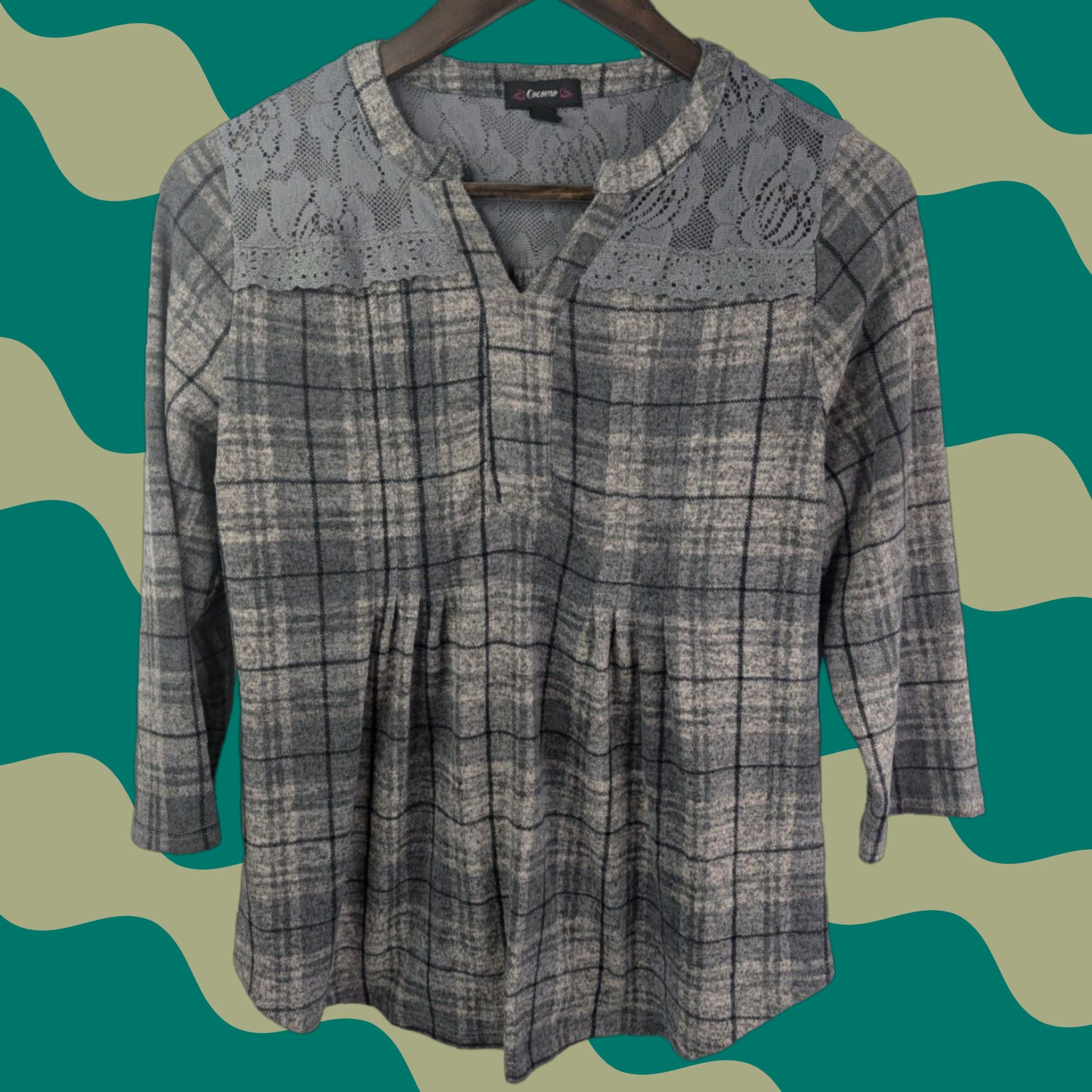Vintage Cocomo Blouse Women's Small Plaid Long Sleeve V-Neck Tunic Gray Size S / US 4 / IT 40 - 1 Thumbnail