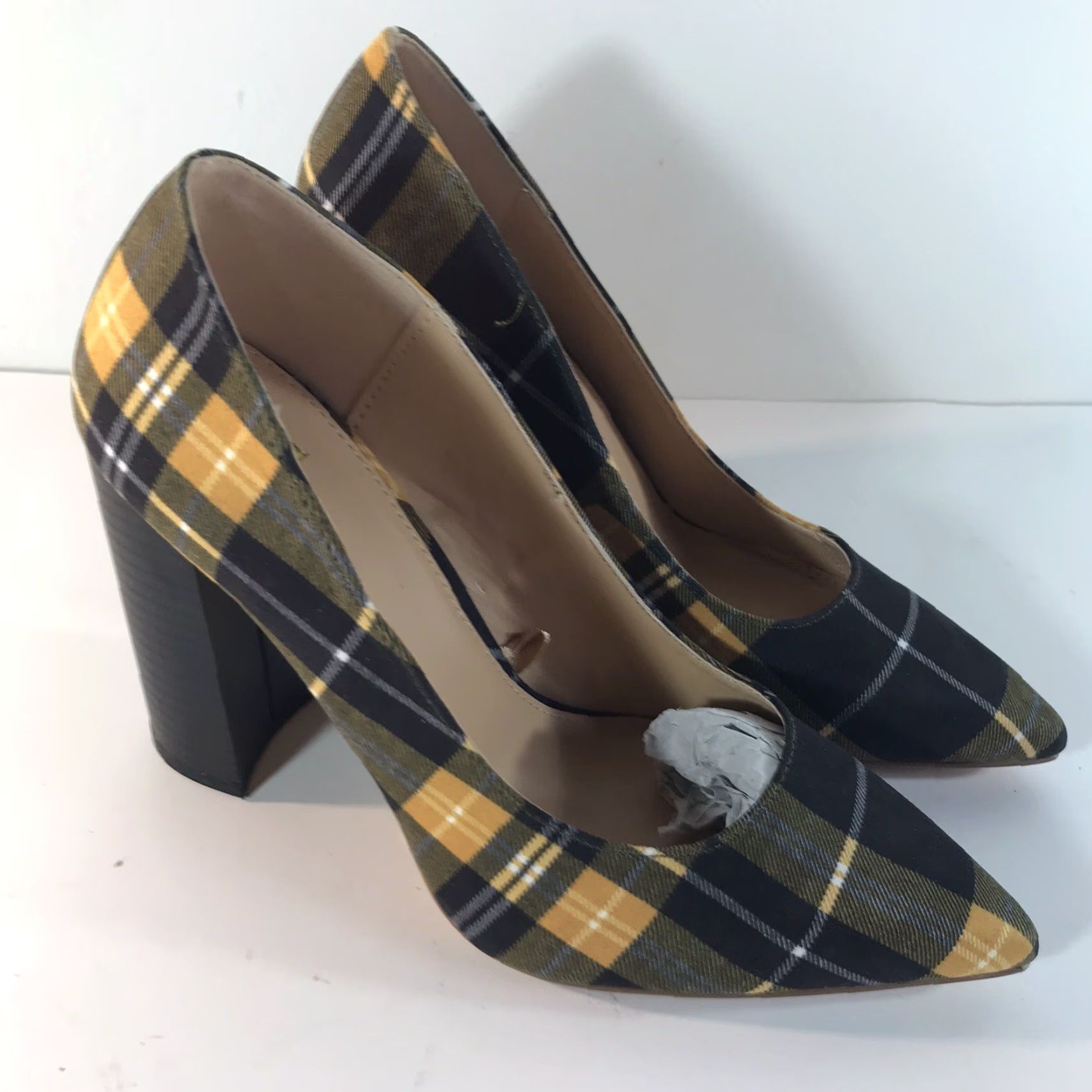 Vintage NY&Co Blk/Yel/Wht Plaid 4in Pointed Toe Block Heels Womens Size 8 New Size US 8 / IT 38 - 3 Thumbnail