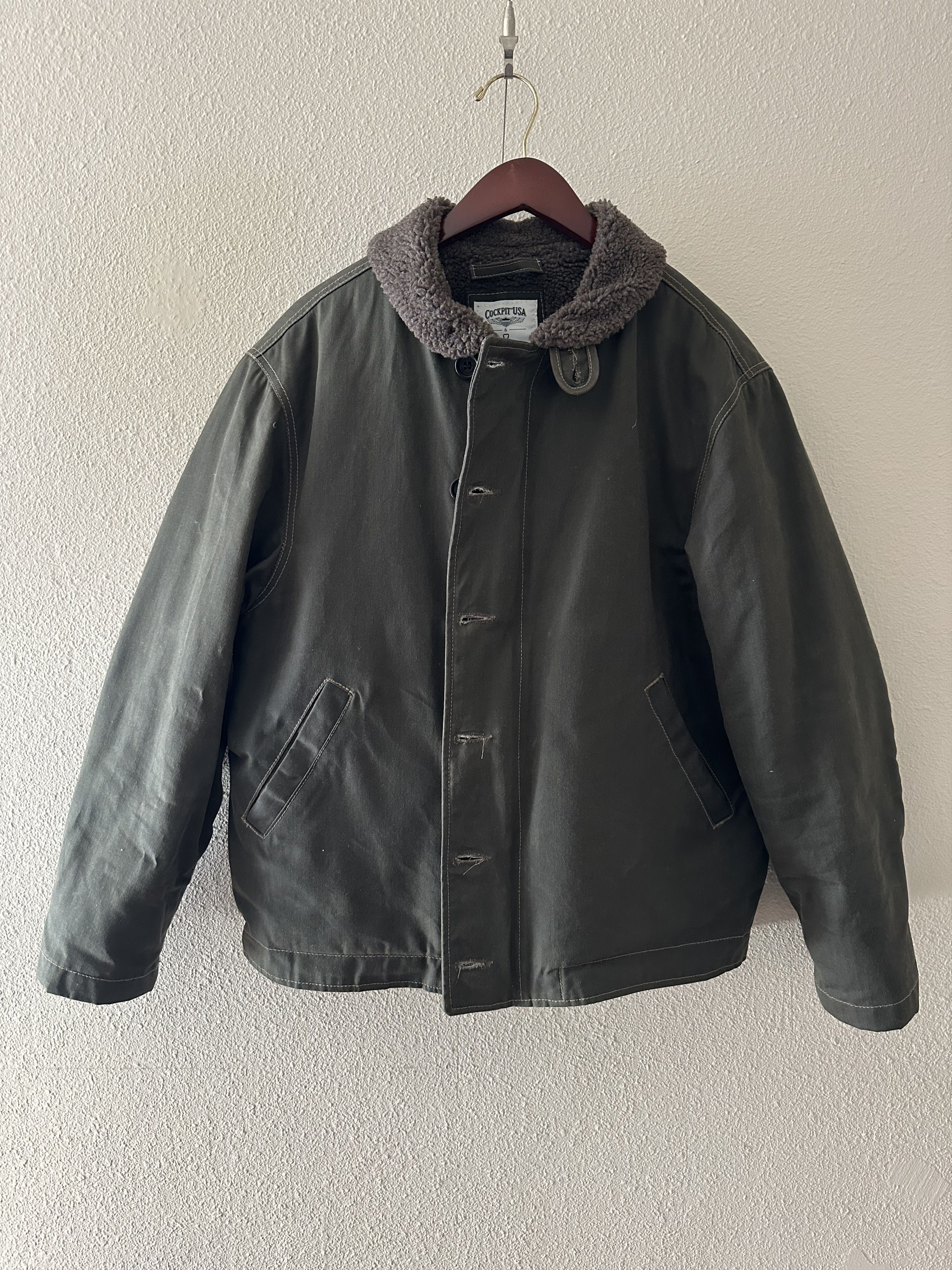 image of Cockpit USA X American Trench Deck Jacket In Waxed Cotton in Dark Olive Wax, Men's (Size Large)