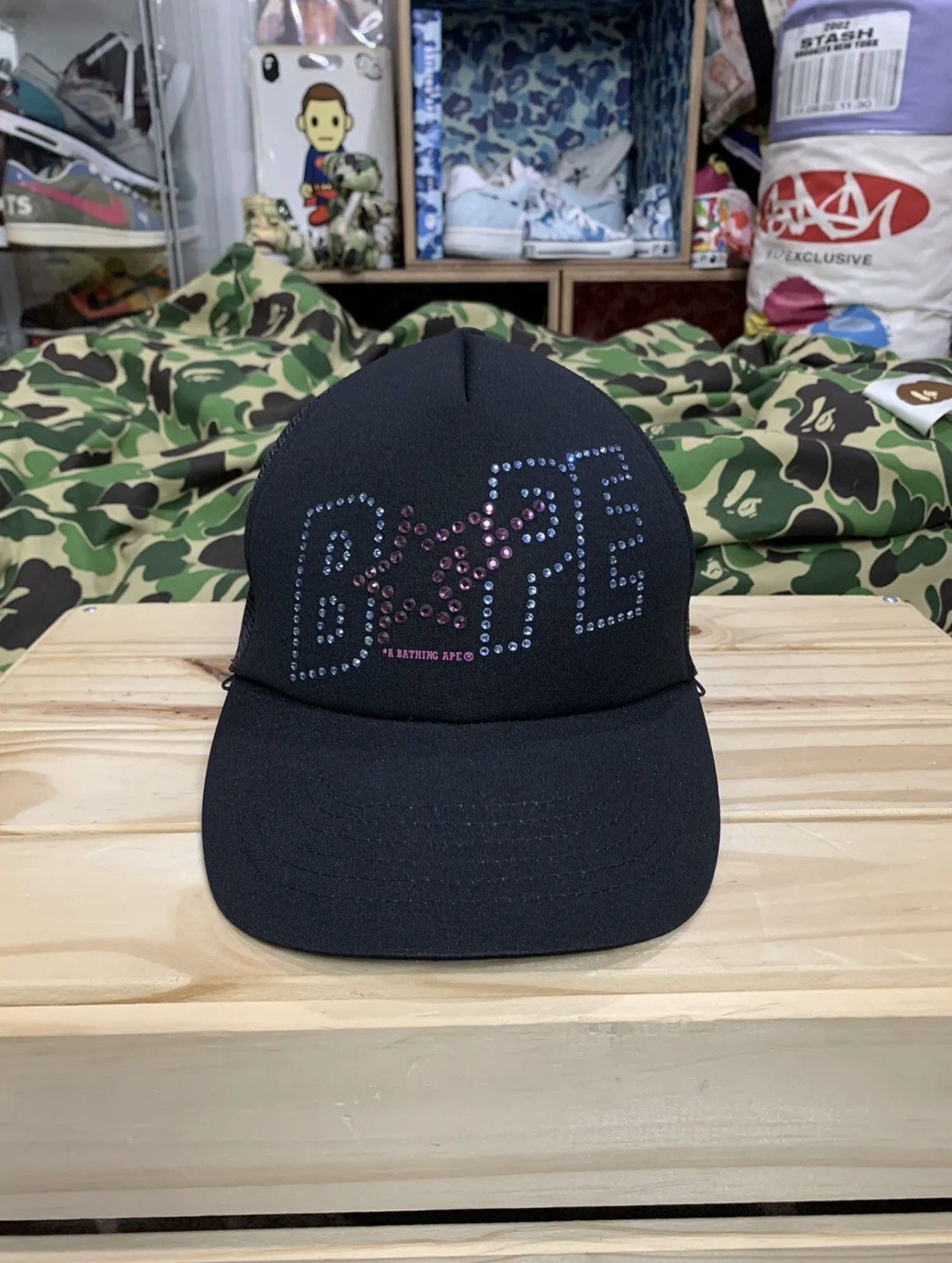 image of Og A Bathing Ape Bape Sta Swarovski Crystal Black Trucker, Men's