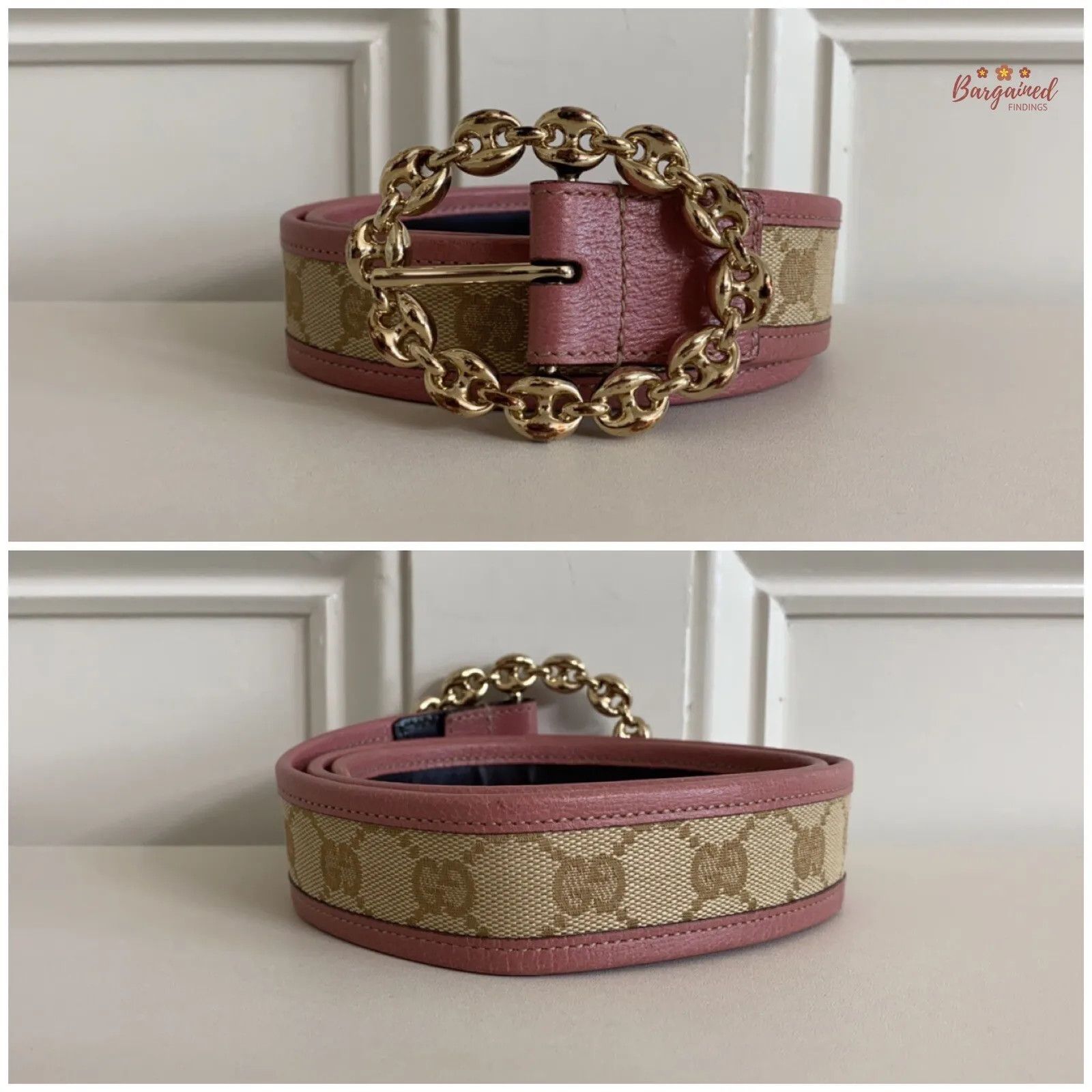 Gucci Gucci Pink Monogram Canvas Leather Gold Chain Buckle Belt Size ONE SIZE - 12 Thumbnail