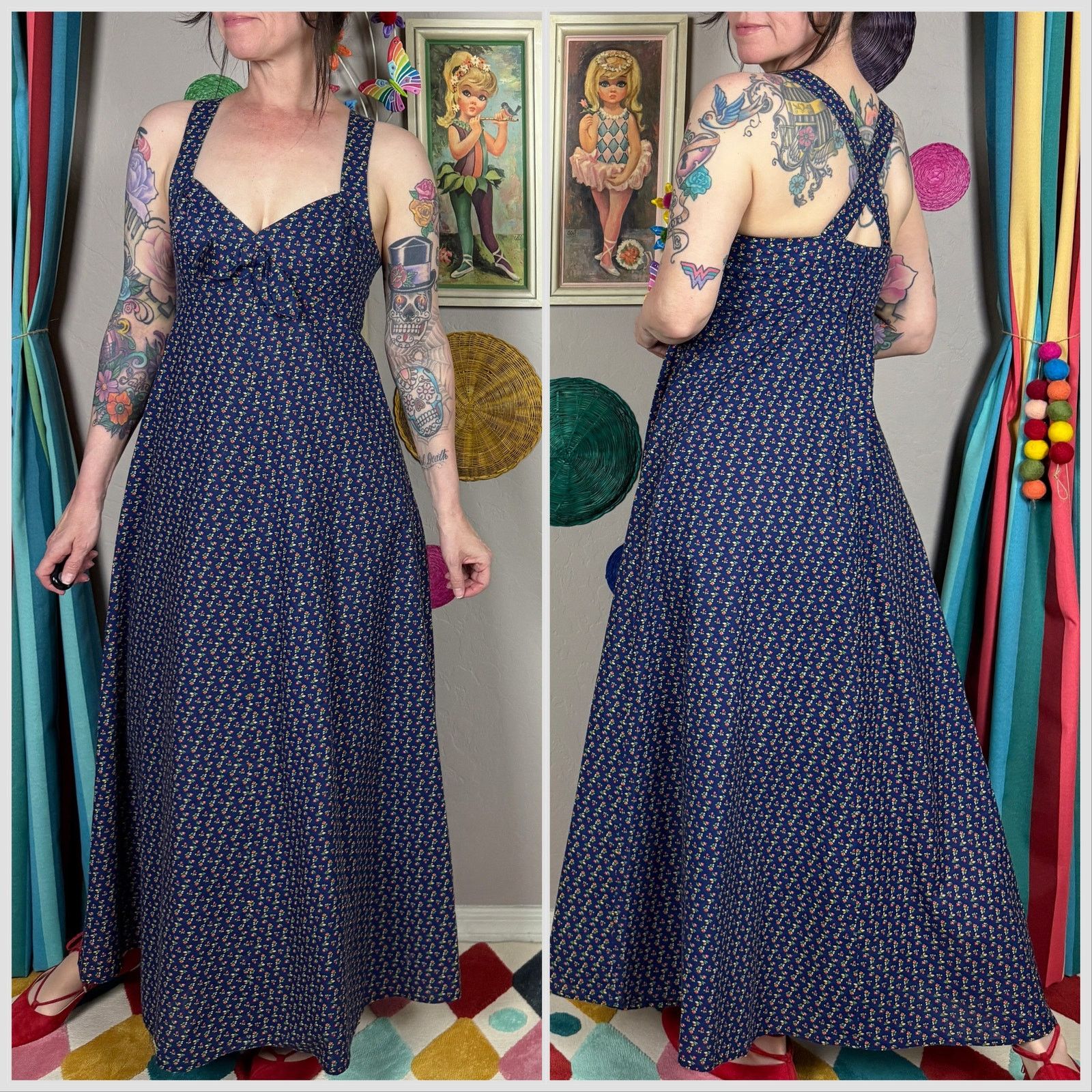 Vintage 1970s Blue Calico Print Crisscross Back Maxi Sundress Size XS / US 0-2 / IT 36-38 - 3 Thumbnail