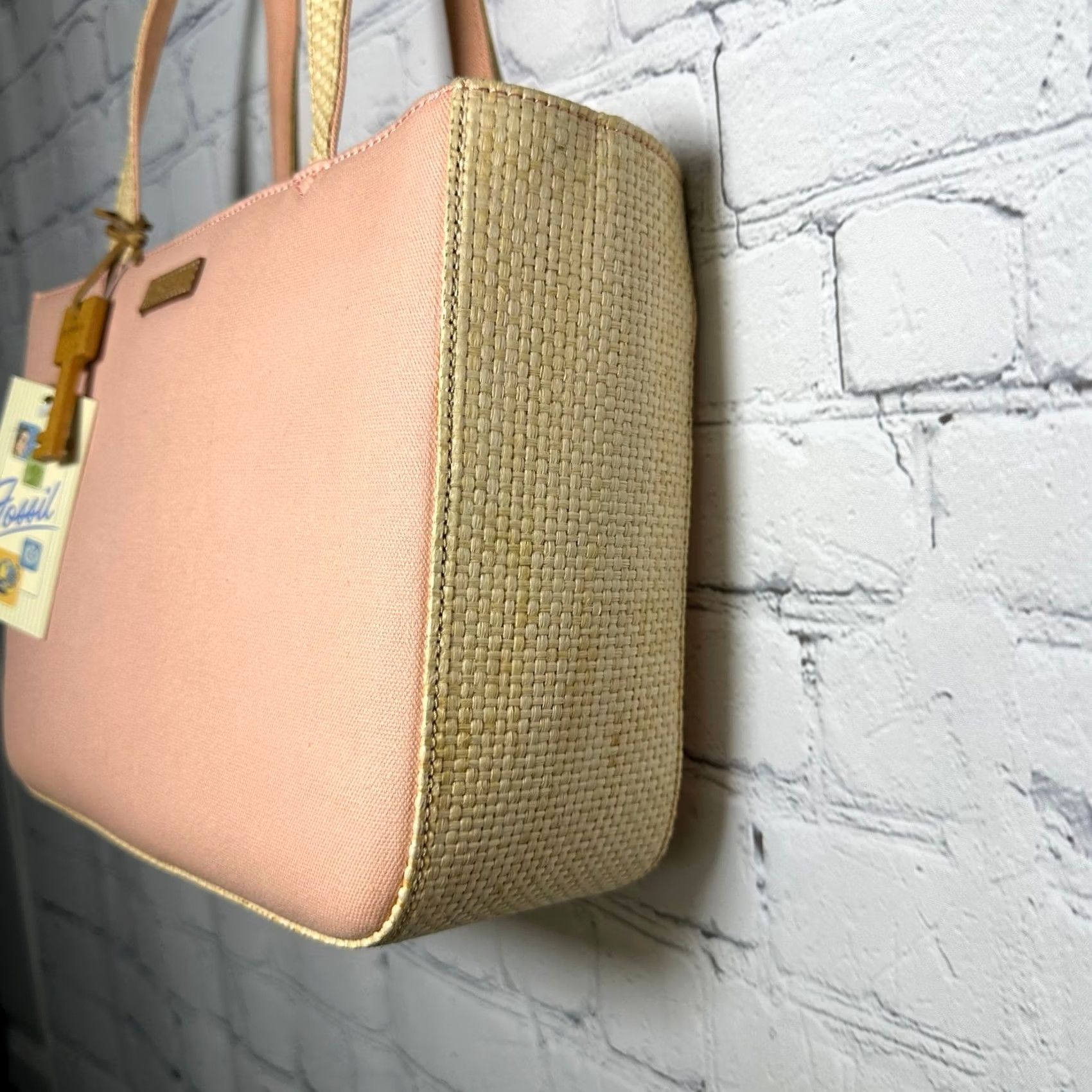 Fossil Fossil Nottinghill Shopper Tote Pink Canvas Straw Gingham Lining Multicolor Inner Pockets Womens Medium Accessories Bag Charm Key Size ONE SIZE - 5 Thumbnail