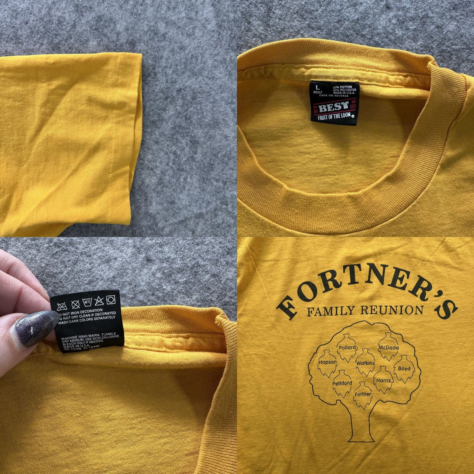 Fruit Of The Loom VINTAGE Fruit of the Loom Shirt Mens Large Yellow 90s Fortner Family Reunion Graphic Print Crew Neck Short Sleeve T-Shirt Mens Size US L / EU 52-54 / 3 - 8 Thumbnail