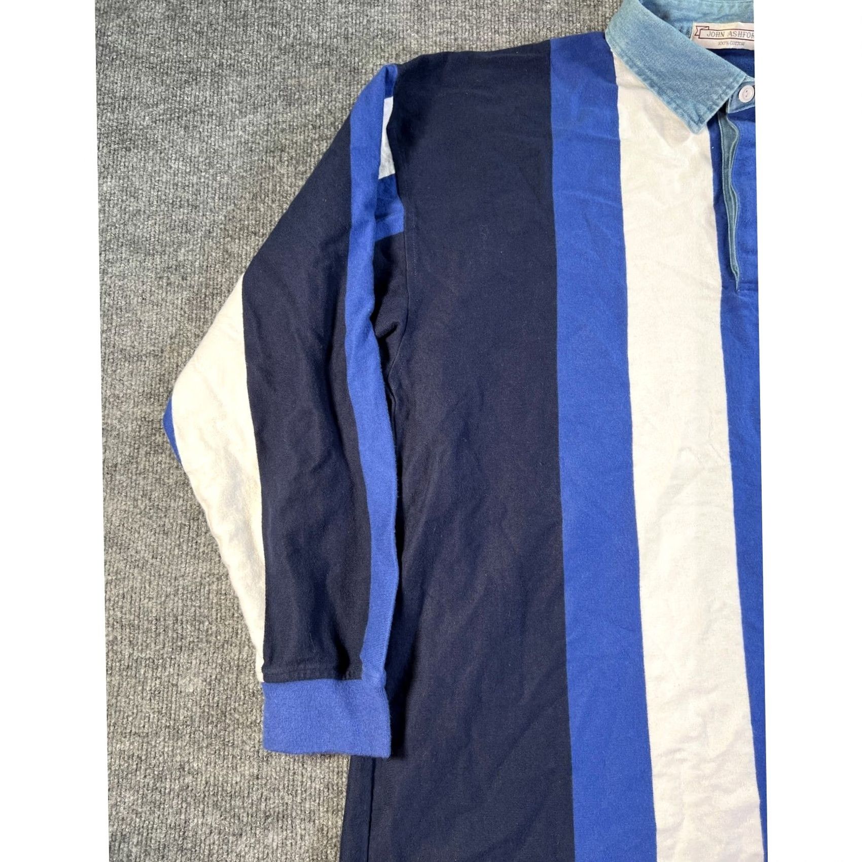 Denime VINTAGE John Ashford Rugby Shirt Mens Big 2X Blue White Vertical Stripe Denim Collar Cotton Long Sleeve Crew Neck casual Size US XXL / EU 58 / 5 - 4 Thumbnail