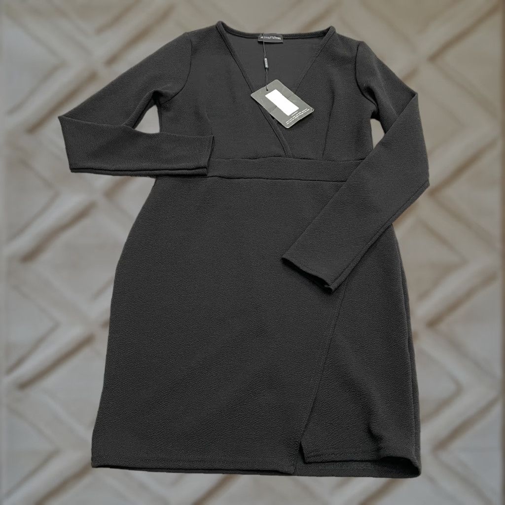 PrettyLittleThing Dress Womens 10 Blk Plunge Wrap Detail Thigh Split Bodycon  NWT