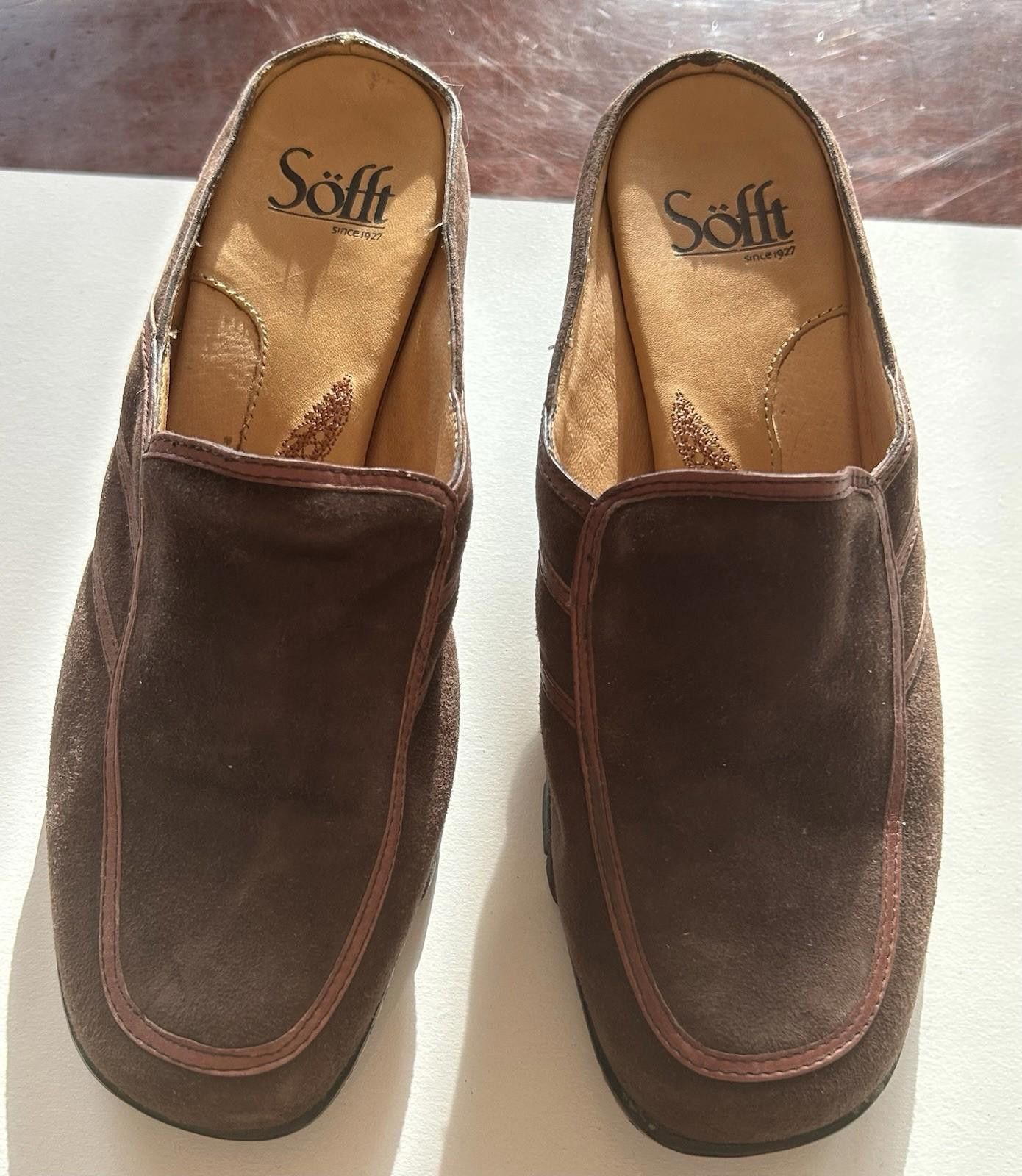 Soffe Sofft Brown Leather Suede Shoes Clogs Mules Heels Clogs Size US 7 / IT 37 - 3 Thumbnail