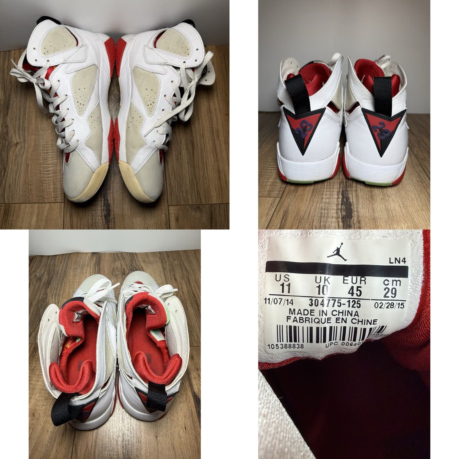 Jordan Brand Nike Air Jordan 7 Retro Hare 2014 Men Size 11 White Red Black Grey OG 304775-125 Size US 11 / EU 44 - 8 Thumbnail
