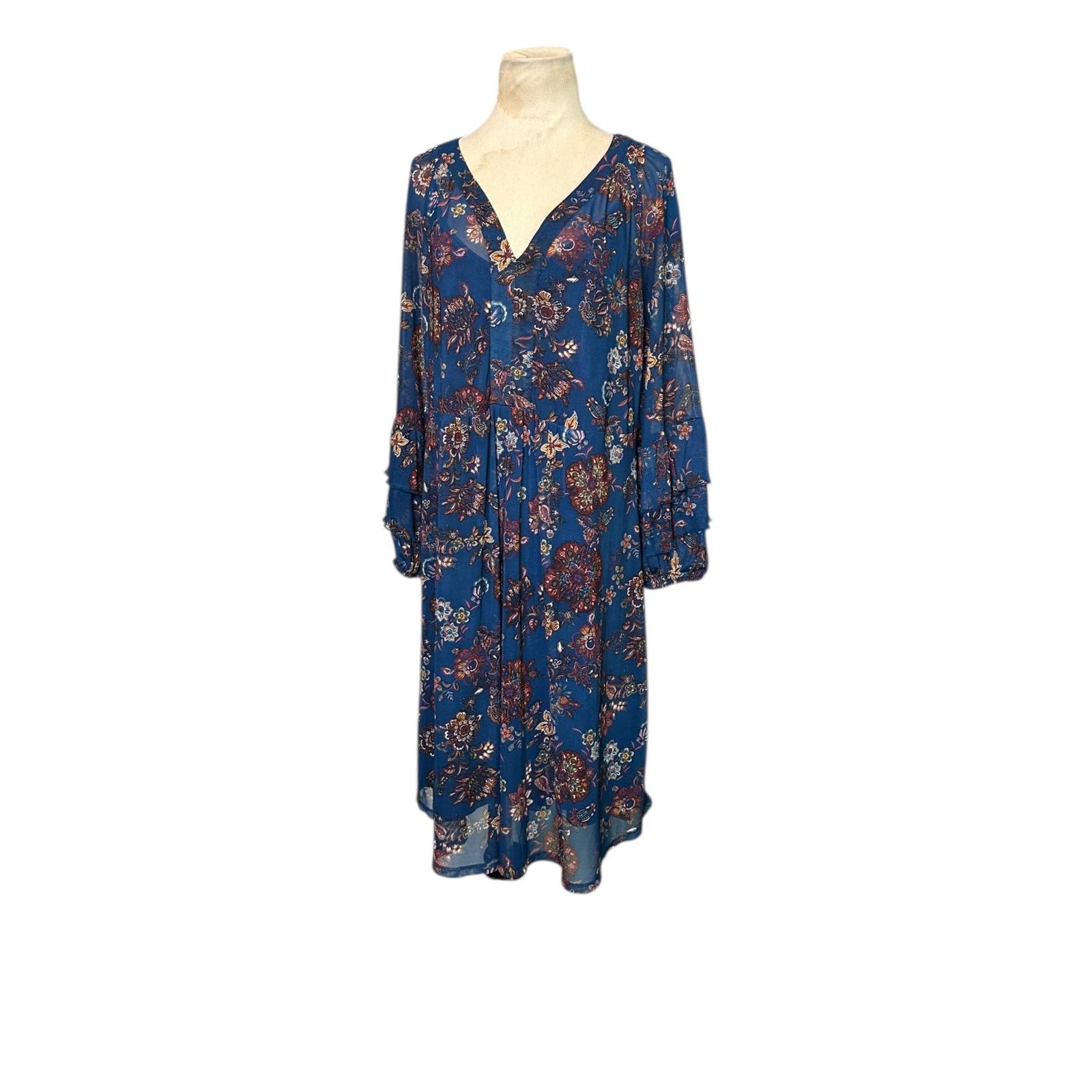Anthropologie Fig & Flower Blue floral long sleeves midi dress size XL Size XL / US 12-14 / IT 48-50 - 14 Thumbnail