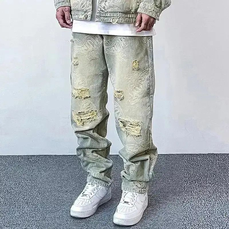 Japanese Brand Distressed Hole Ripped Washed Paisley Full Print Jeans Pant Size US 32 / EU 48 - 1 Thumbnail