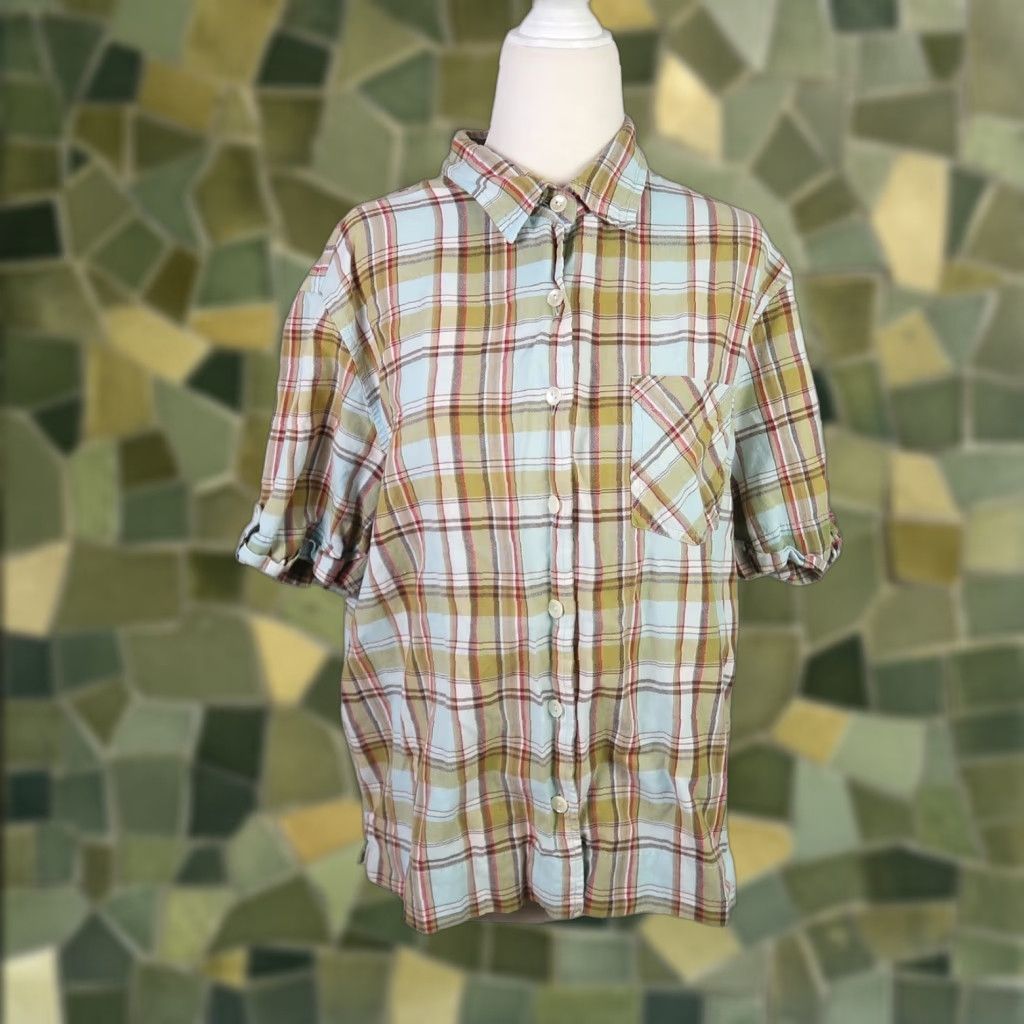 Vintage VINTAGE Erika Plaid Shirt Women 90s Short Sleeve Button-Up L Blue Green Casual 100% Cotton Size L / US 10 / IT 46 - 1 Thumbnail