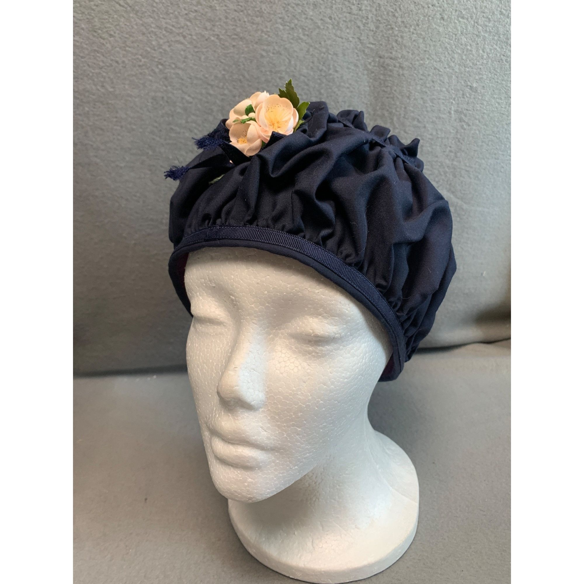 Vintage Handmade Navy Blue Ruffled Vintage Hat with Floral Accent by Size ONE SIZE - 6 Thumbnail