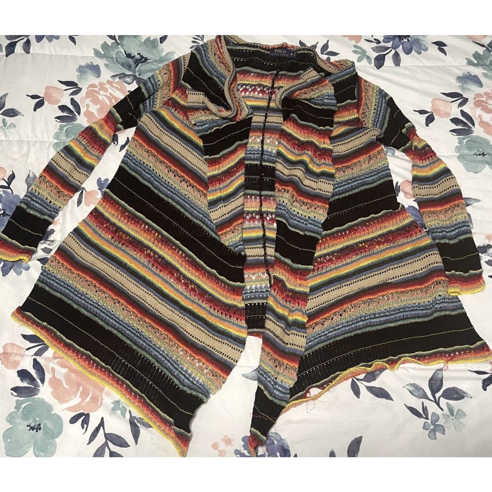 Ralph Lauren POLO RALPH LAUREN Serape Crochet Mulberry Silk Linen Sweater Cardigan Womens Medium Striped V-Neck Long Sleeve Southwest 90s Aztec Bohemian Designer Size M / US 6-8 / IT 42-44 - 2 Thumbnail