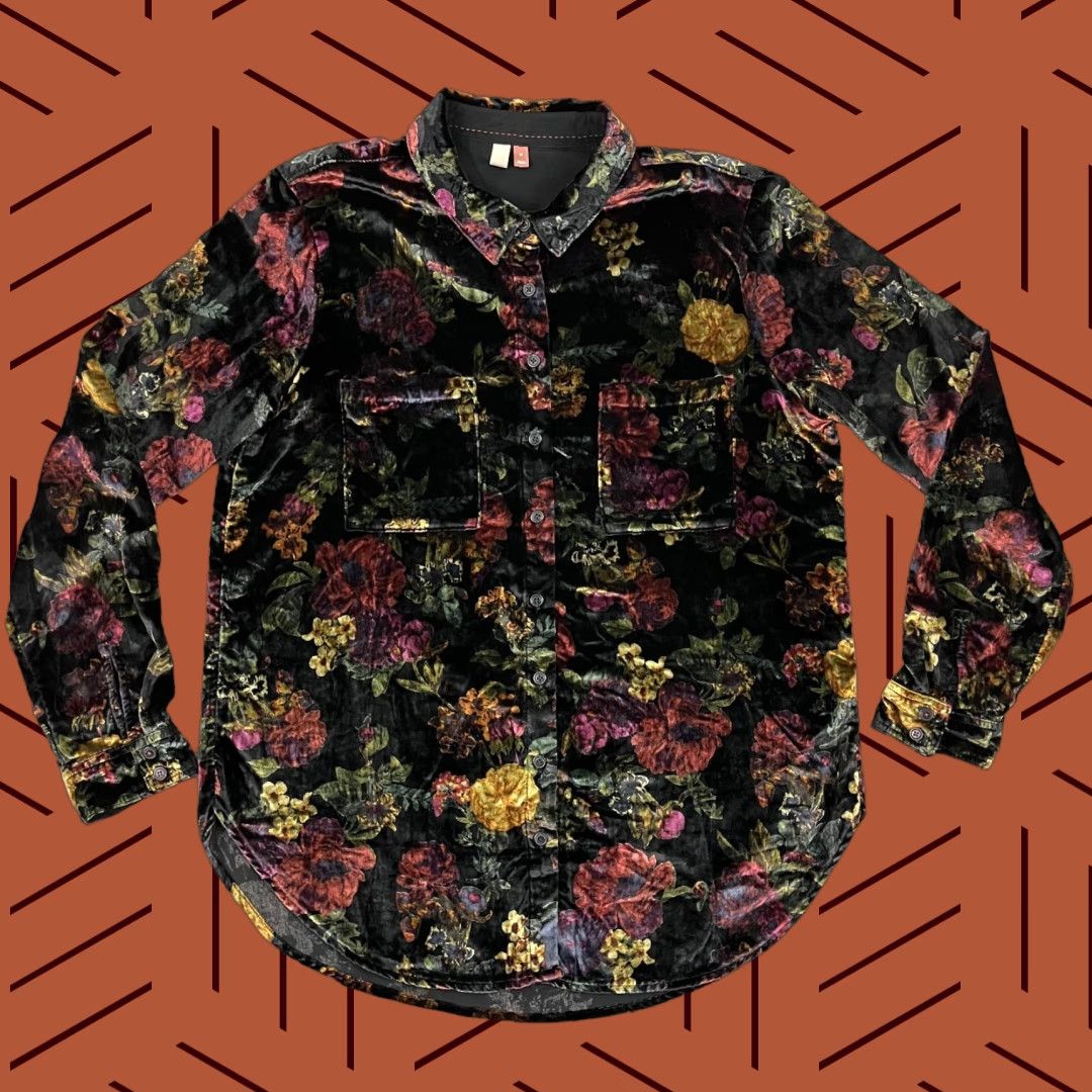 VINTAGE Pilcro Hadley Button Up Shirt Women Medium Relaxed Dark Floral Velvet Boho Fairy Ladies' Bohemian Women Shirt M Black Floral 90s Style