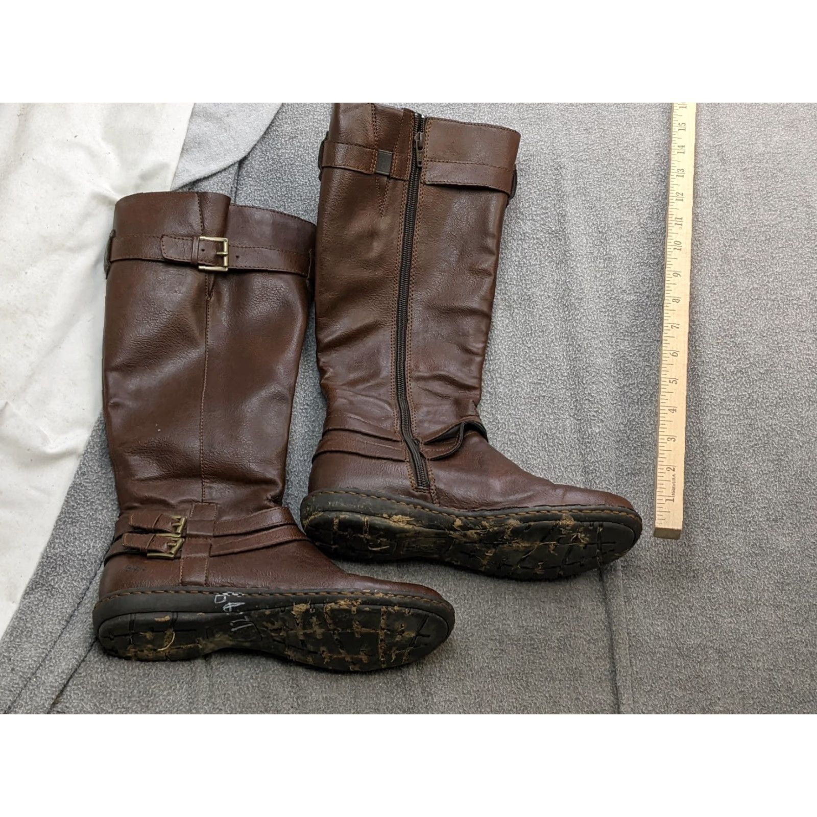 Vintage Riding Boots Womens 6.5 Brown Faux Leather Mid-Calf Zip Buckle Straps Boots Size US 7 / IT 37 - 2 Thumbnail