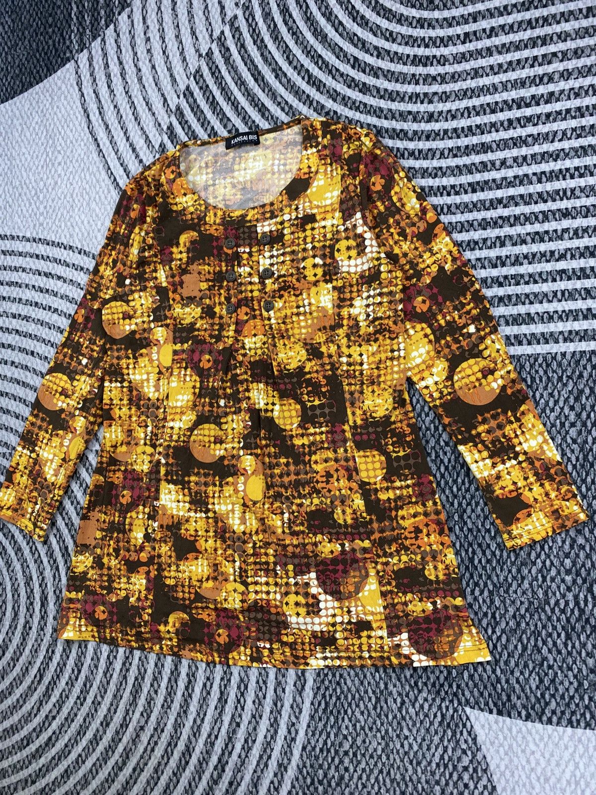 Kansai Yamamoto Vintage 70s Abstract Mustard Blouse Retro Geometric Print Size M / US 6-8 / IT 42-44 - 4 Thumbnail
