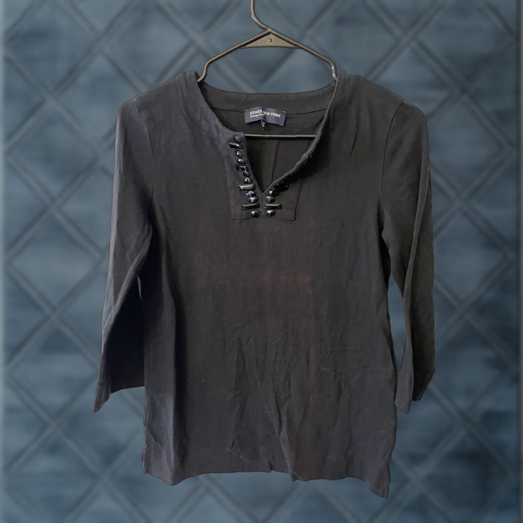 Jones New York Jones New York Signature Shirt Women's M Black 3/4 Sleeve V Neck Casual Stretch Cotton Elastane Basic Classic T-Shirt Womens Size M / US 6-8 / IT 42-44 - 1 Thumbnail