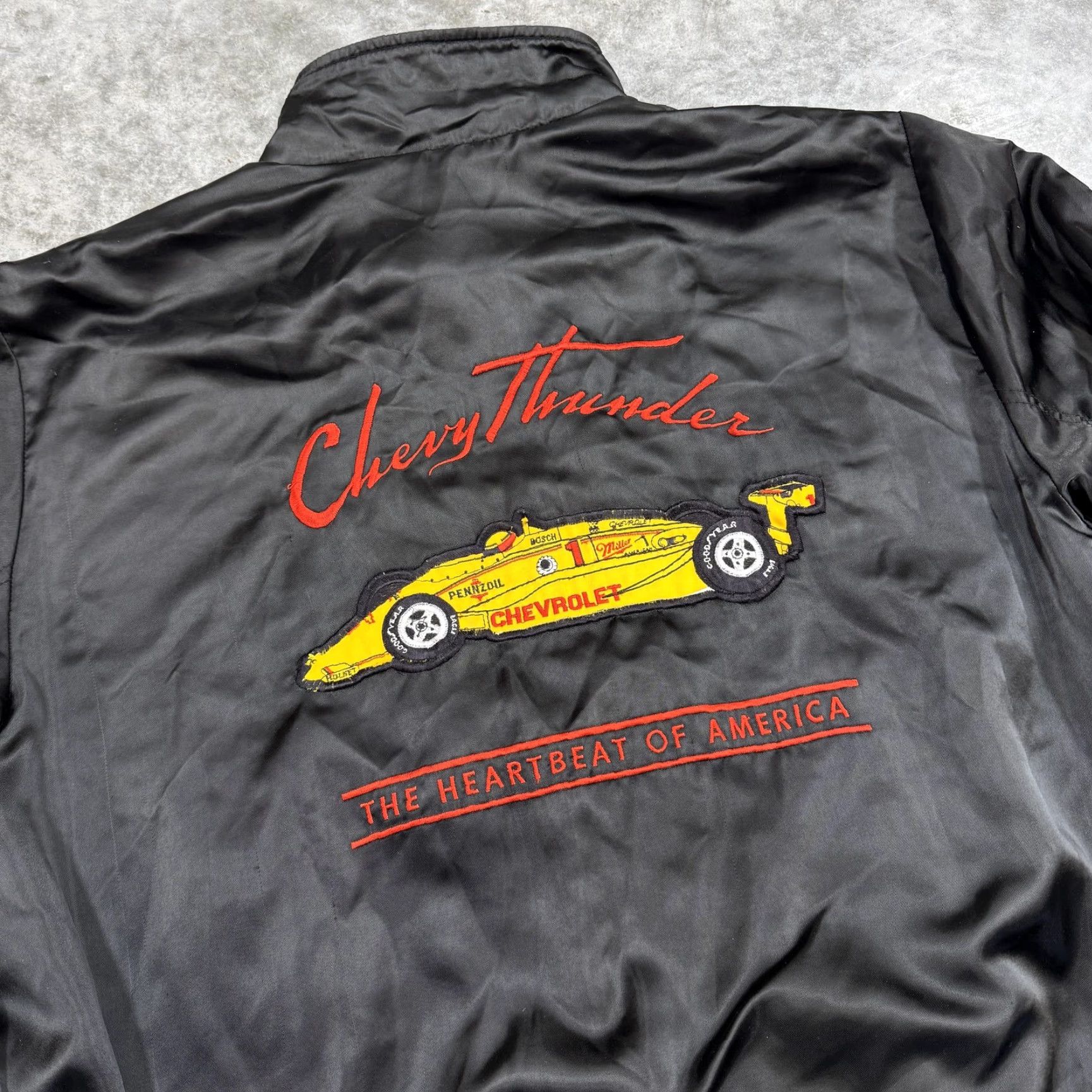 Vintage VINTAGE Chevrolet Motorsports Jacket Mens Large Bomber Chevy Thunder USA 90s Lightning Black Racing Casual Zip Solid Nylon Front Mens Size US L / EU 52-54 / 3 - 2 Thumbnail