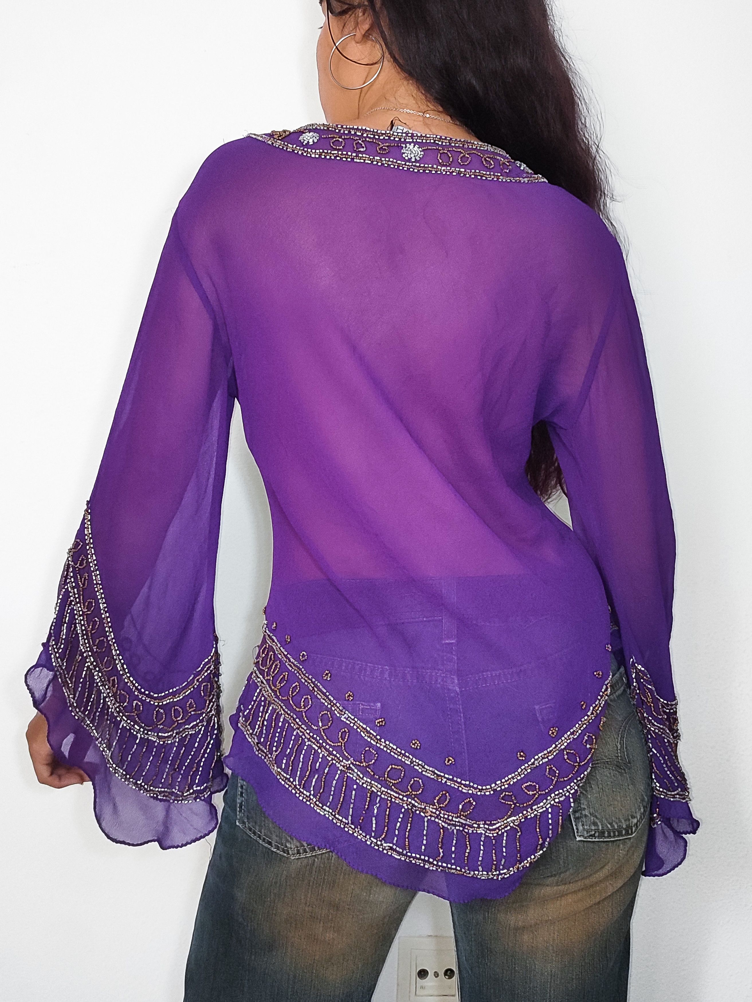 Vintage Y2k Vintage Ethereal Purple Shear Tunic Top with Beads Size L / US 10 / IT 46 - 4 Thumbnail