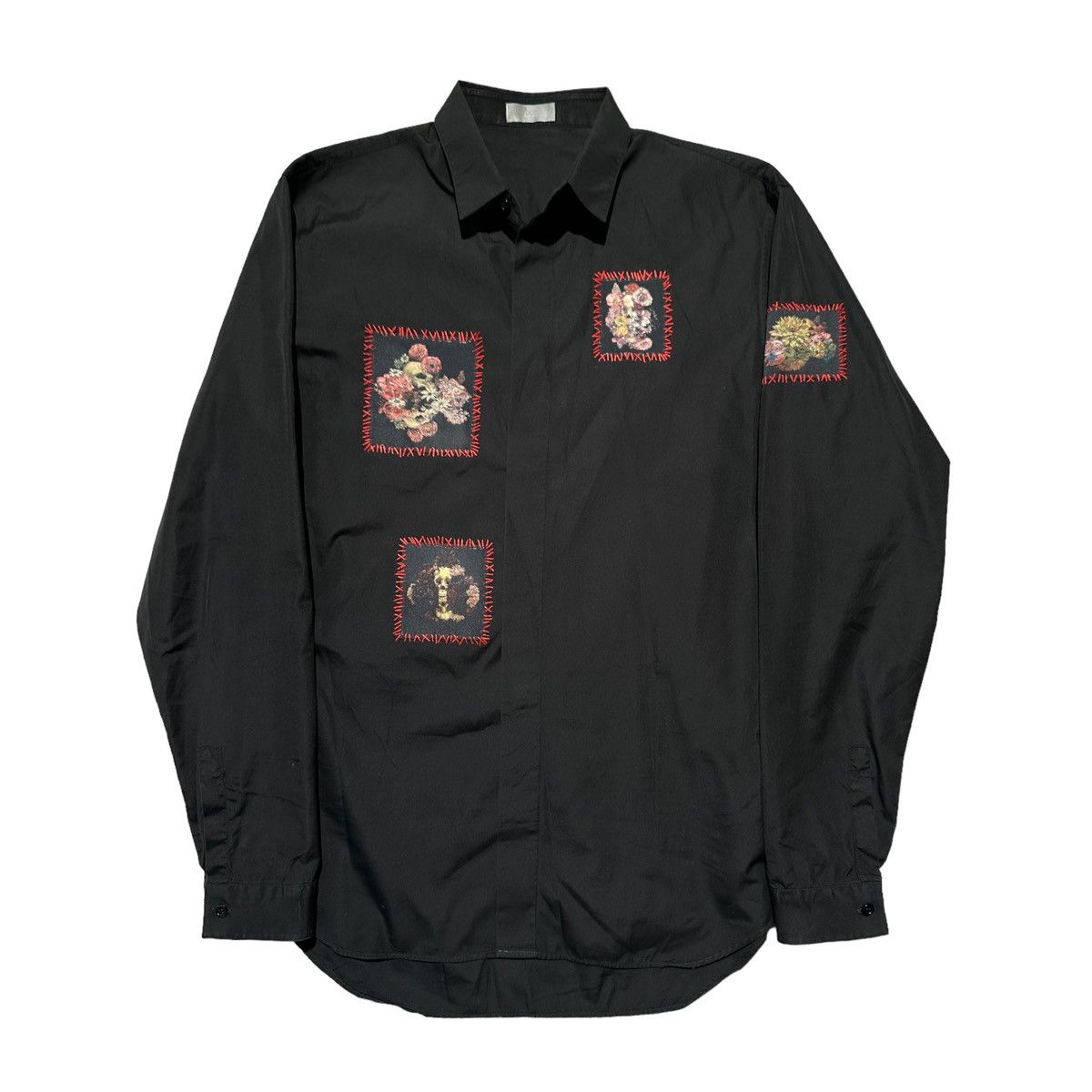 image of Dior x Kris Van Assche Ss17 Runway Toru Kamei Skull Floral Patch Button Up in Black (Size Medium)