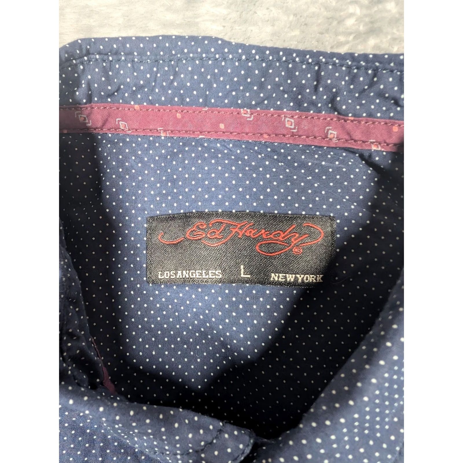 Ed Hardy Ed Hardy Shirt Mens Large Navy Blue Polka Dot Long Sleeve Button Up Eagle Patriotic USA Embroidered Chest Crest Casual Regular Fit Size US L / EU 52-54 / 3 - 6 Thumbnail