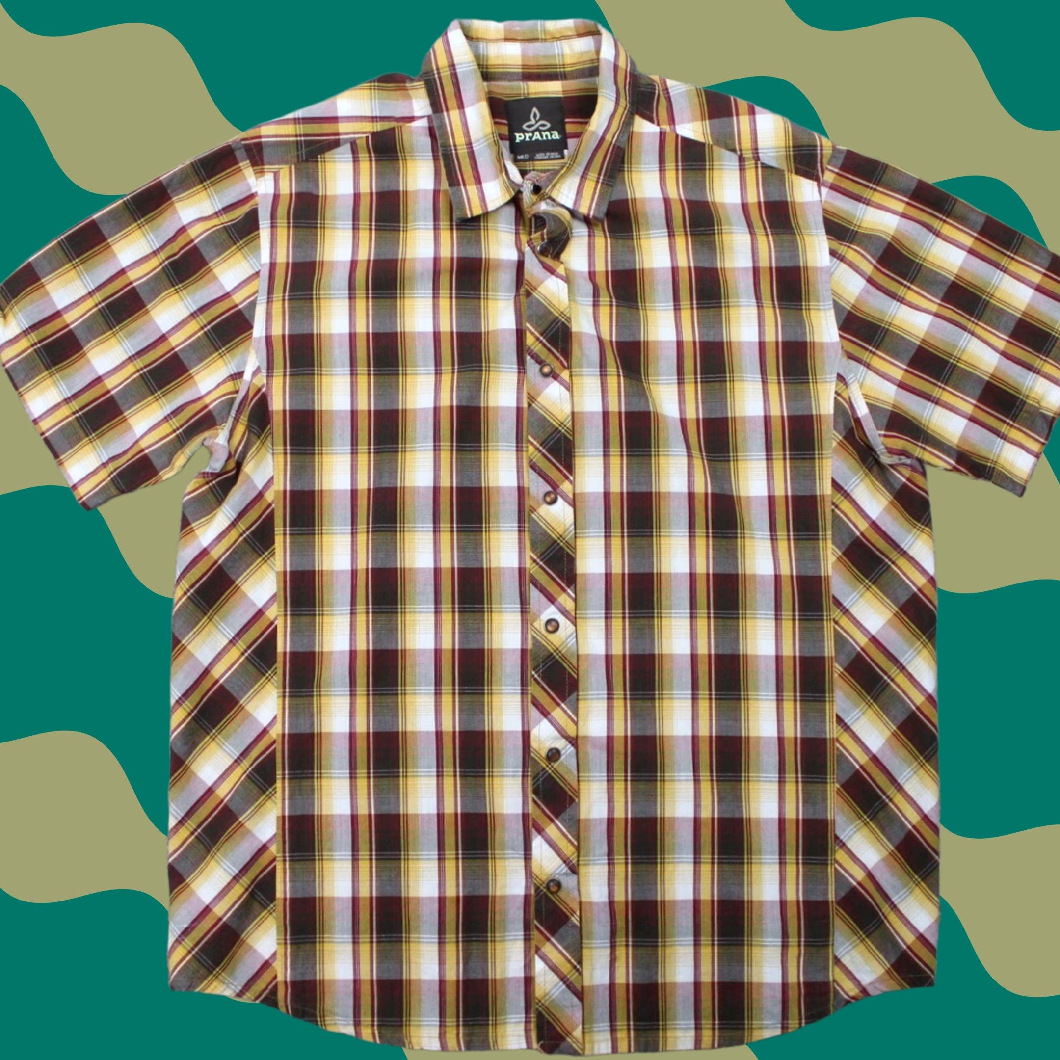 Prana prAna Pearl Snap Shirt Mens M Brown/Yellow/Red/Black S/S Organic Cotton Shirt Size US M / EU 48-50 / 2 - 1 Thumbnail