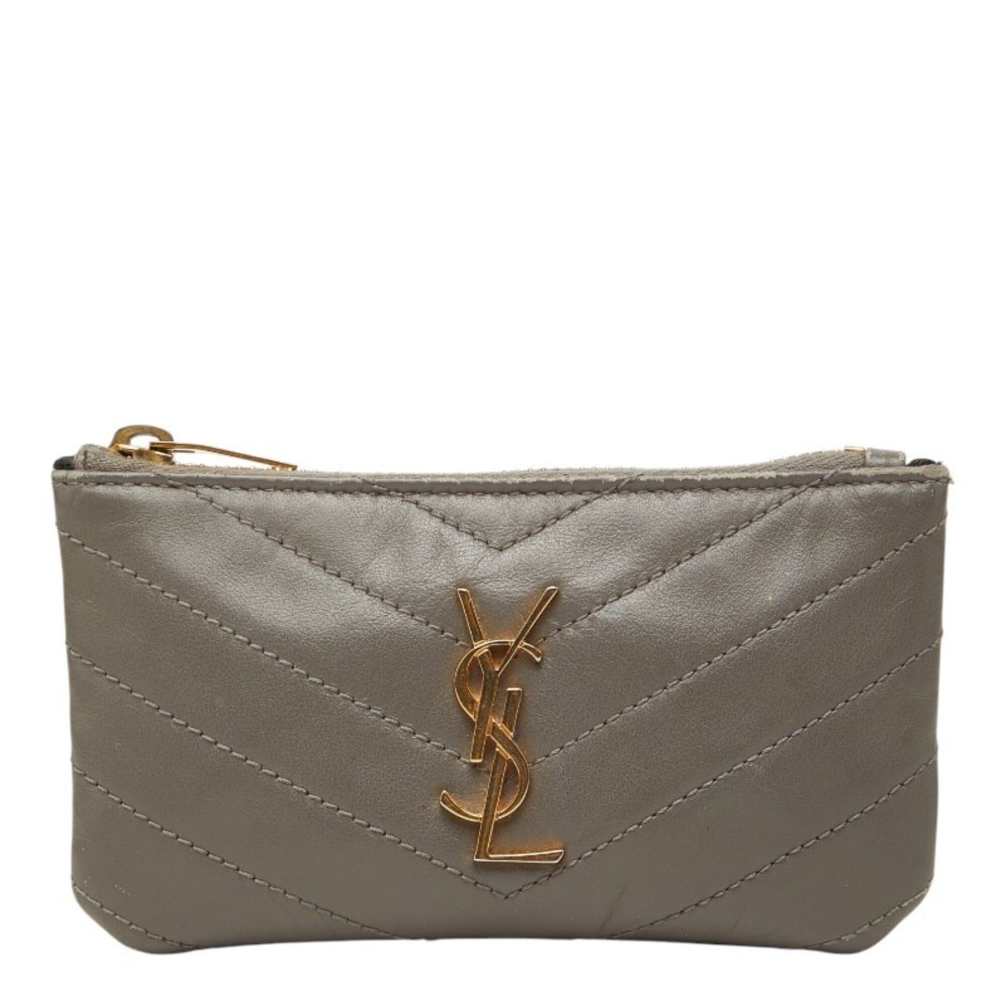 Saint Laurent Paris Saint Laurent V-stitch wallet/coin case, gray leather, women's. Size ONE SIZE - 1 Thumbnail