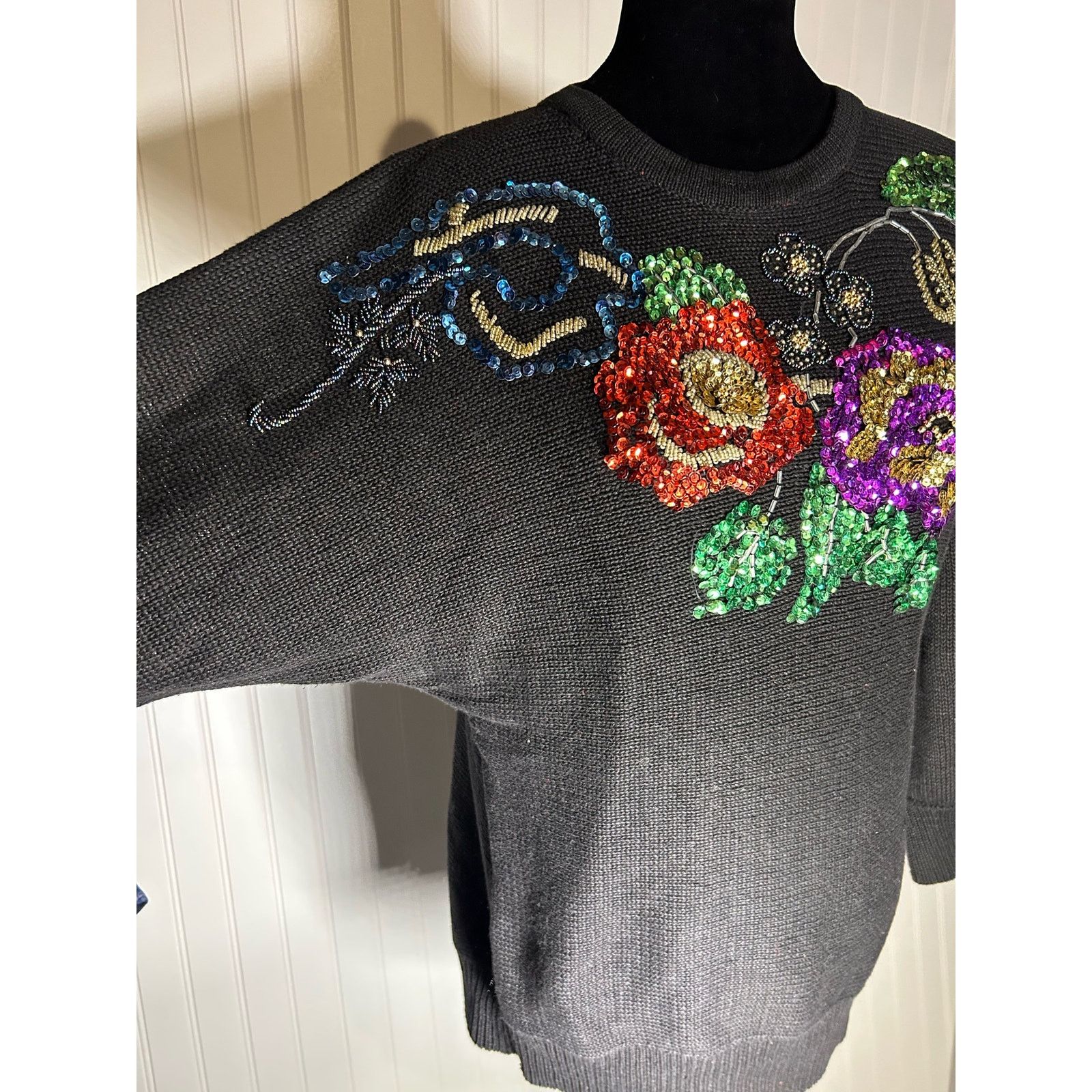 Other Vintage 80s Black Knit Sweater Floral Sequins size M Size M / US 6-8 / IT 42-44 - 4 Thumbnail