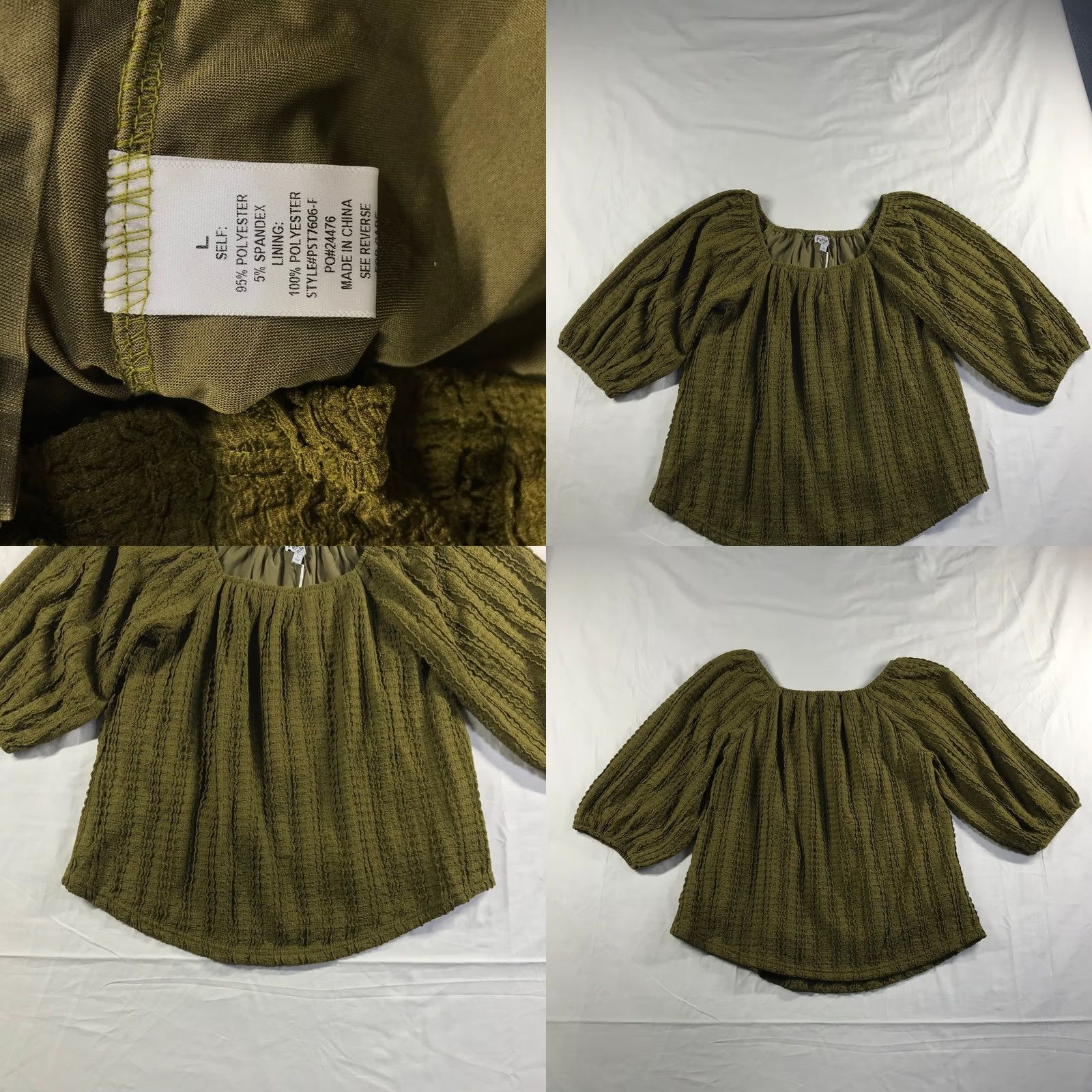 Olive Polagram Blouse Green Square Neck Balloon Sleeve Large Elsie Textured Size L / US 10 / IT 46 - 8 Thumbnail