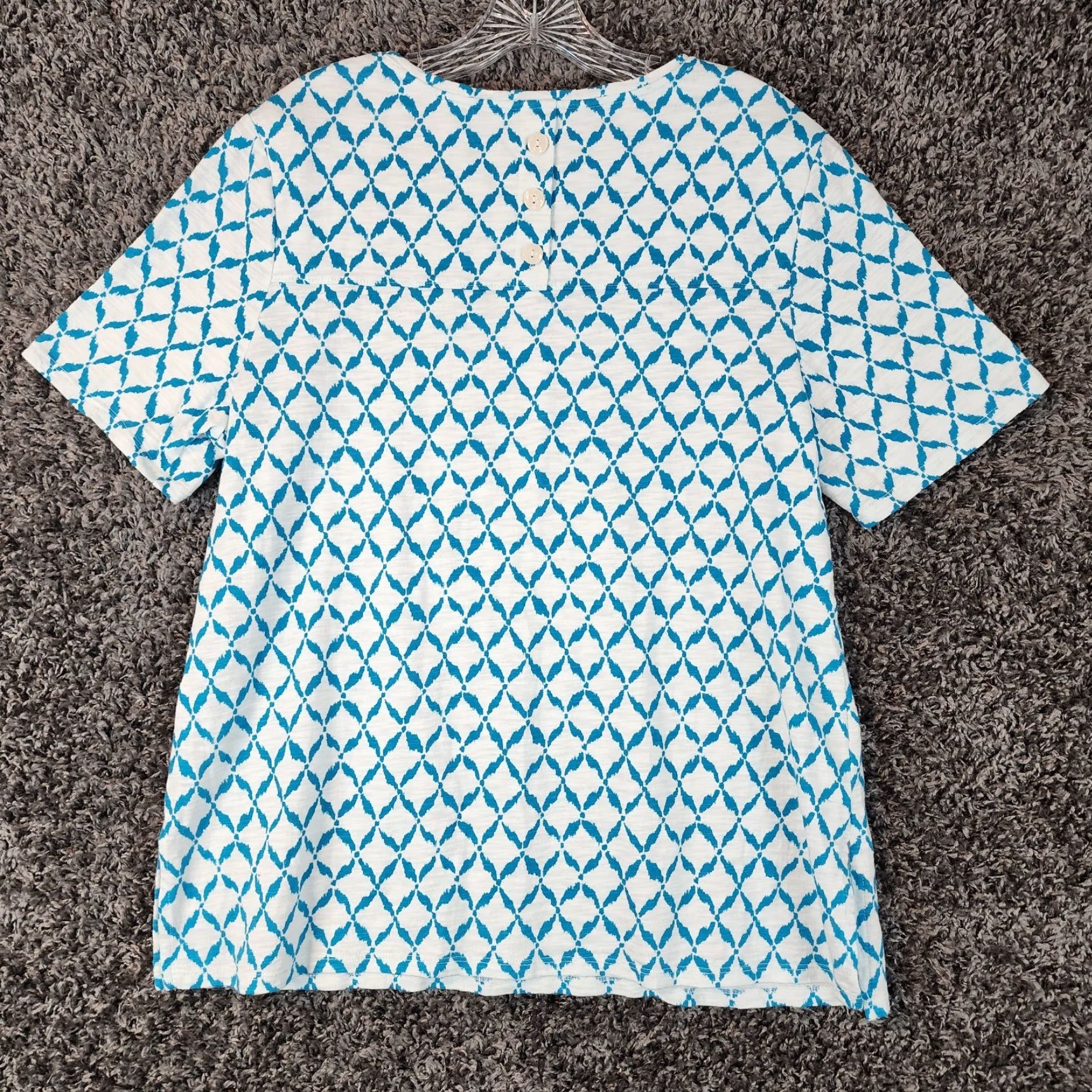 Vintage CHICOS Shirt Womens White Blue Patterned Short Sleeve Top Size L (Blue Pattern) Size L / US 10 / IT 46 - 4 Thumbnail
