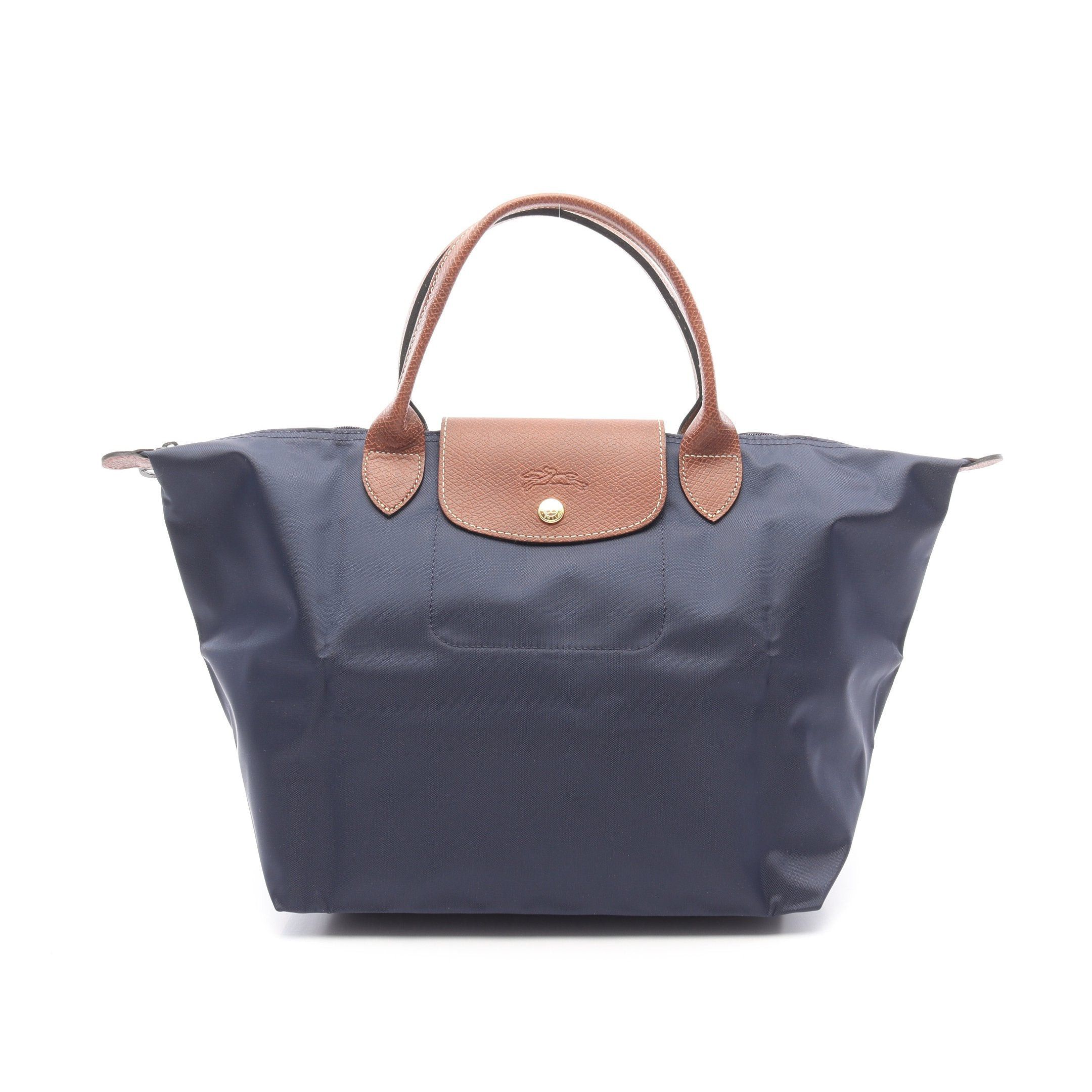 Longchamp Le Pliage Original M Preage Top Handle Handbag Tote Bag Nylon Leather Navy Brown in Blue, Women's