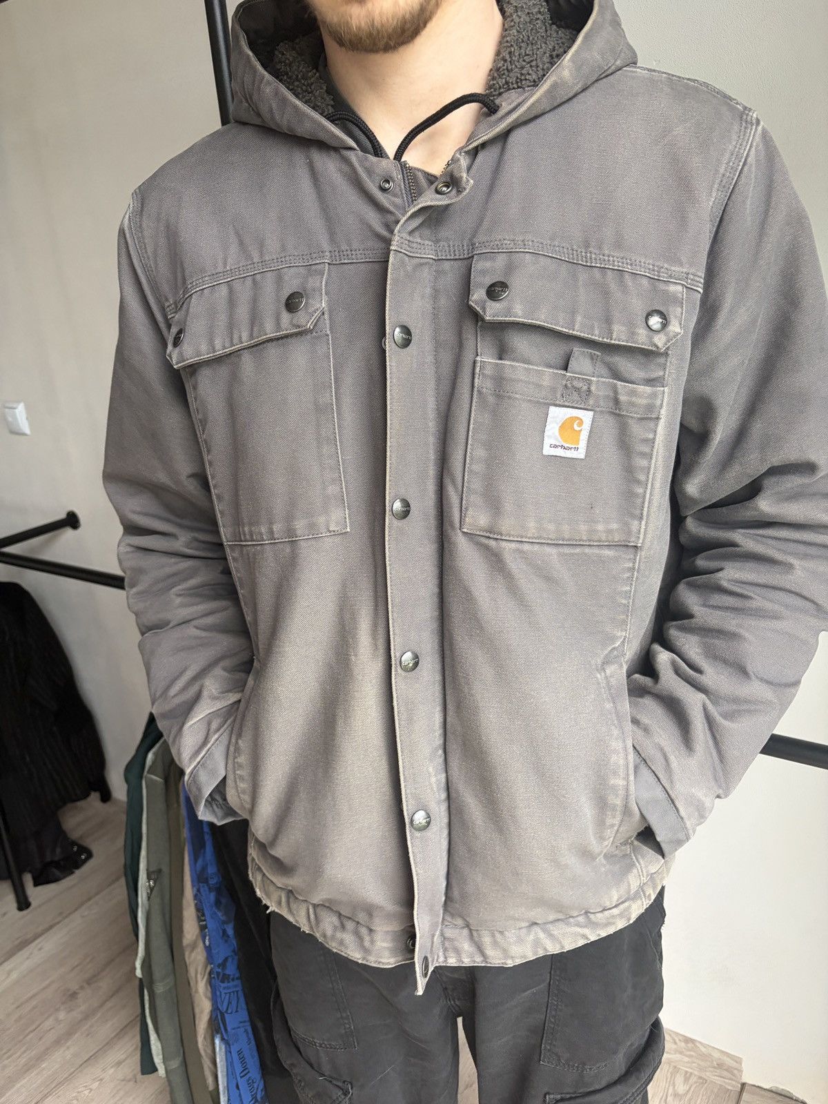 Carhartt Carhartt Hooded Duck Canvas Work Jacket Faded Distressed Size US L / EU 52-54 / 3 - 18 Thumbnail