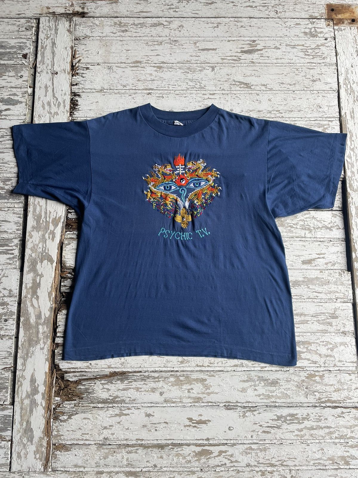 image of Band Tees x Vintage 80’S Psychic Tv Indian Embroidered Shirt Size XL in Navy, Men's