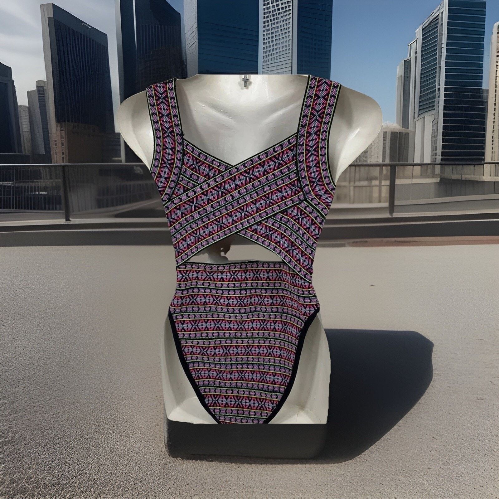 Asos ASOS Multicolor Tribal Criss Cross Cutout One Piece Swimsuit Size S / US 4 / IT 40 - 3 Thumbnail