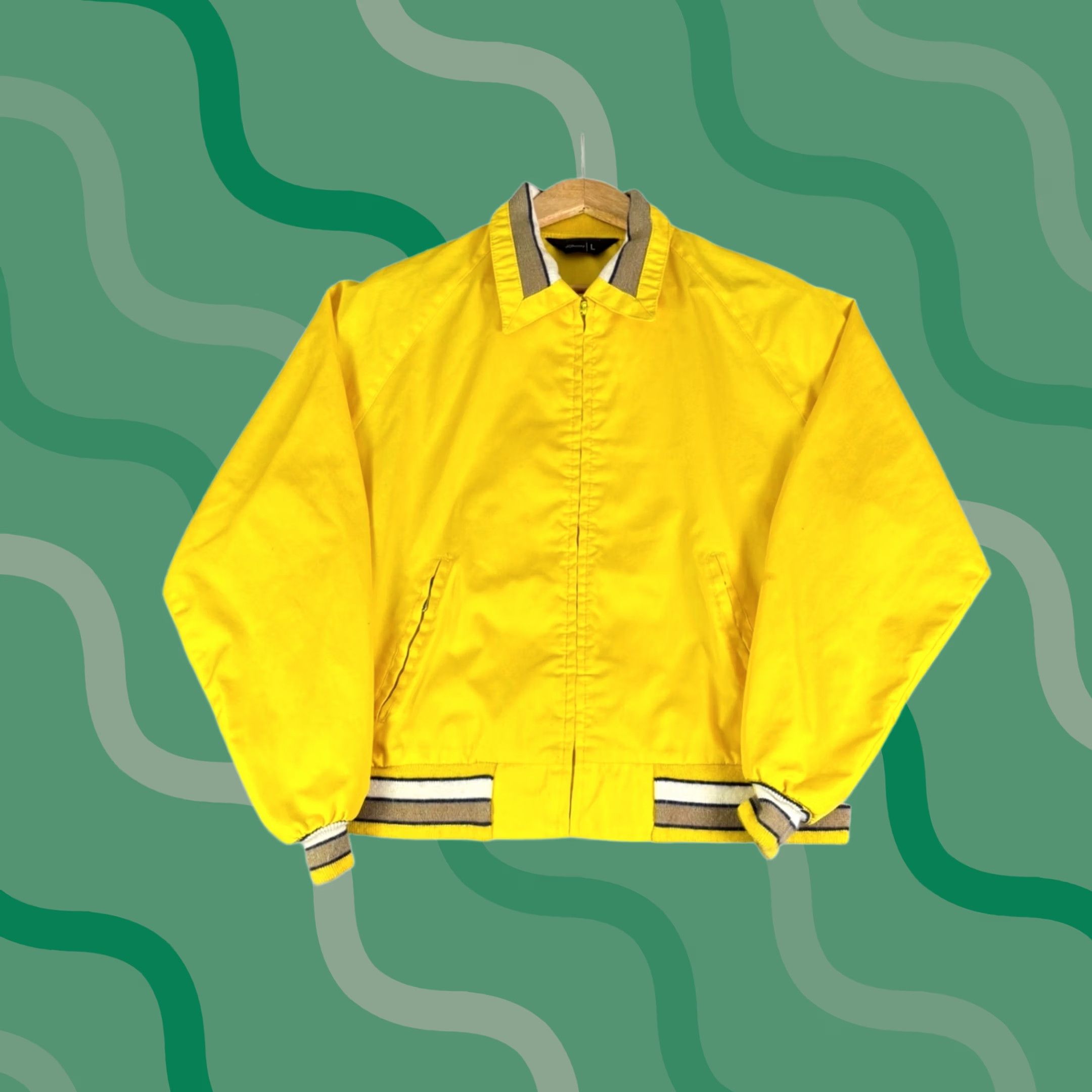 JCPenney VINTAGE JCPenney Mens Bomber Jacket Striped Trim Full Zip L Yellow Retro 80s Western Casual Size US L / EU 52-54 / 3 - 1 Thumbnail