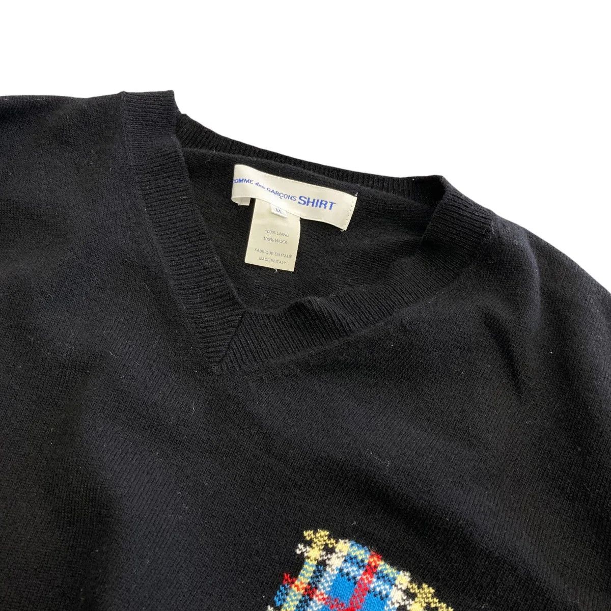 Comme des Garcons × Comme des Garcons SHIRT Patchwork Motif V Neck Wool Knit Sweater Size M / US 6-8 / IT 42-44 - 4 Thumbnail
