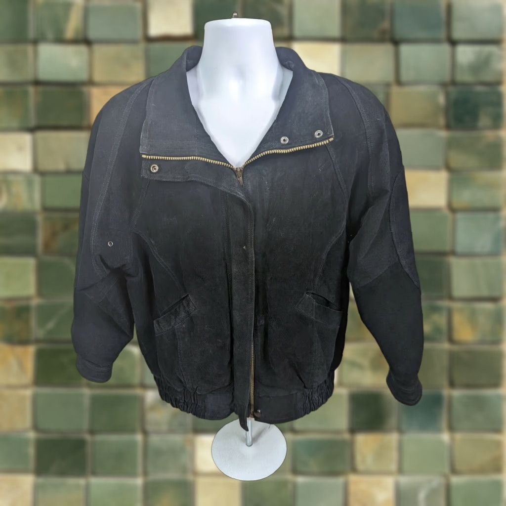 Vintage VINTAGE 80s Suede Leather Black Bomber Jacket Coat Shoulder Pads Men M Size US M / EU 48-50 / 2 - 1 Thumbnail