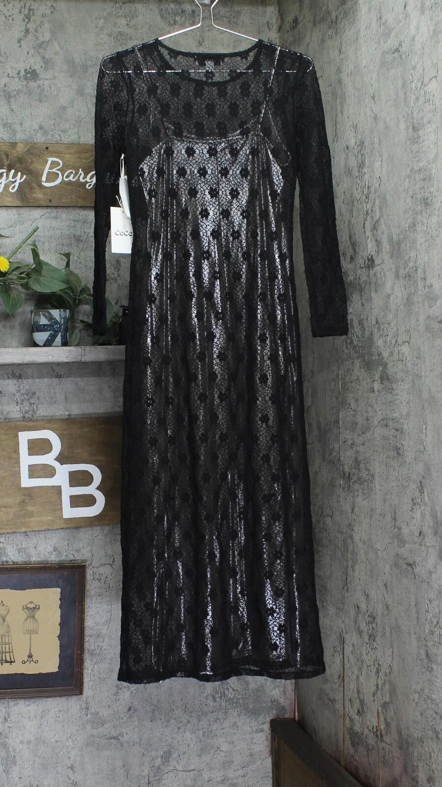 Opening Ceremony Nwt Cece Metallic Lace-over Long-sleeve Midi Dress Black Xs Size XS / US 0-2 / IT 36-38 - 2 Thumbnail