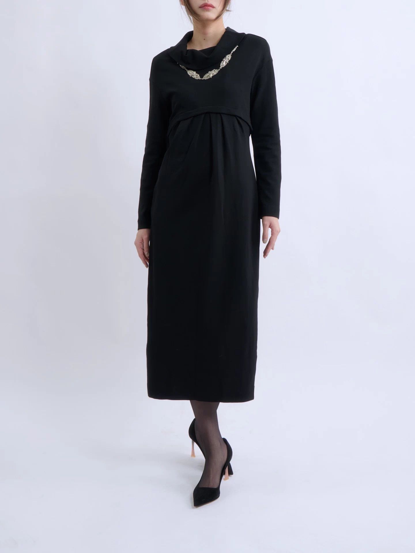 Romeo Gigli ROMEO GIGLI 90s Black Draped Neck Midi Dress 9AT Size M / US 6-8 / IT 42-44 - 1 Thumbnail