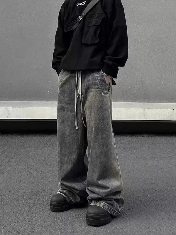 Japanese Brand Retro wash gradient drawstring work wide leg jeans Size US 32 / EU 48 - 3 Thumbnail