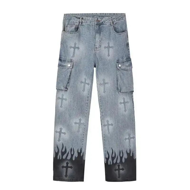 Japanese Brand High Street Cross Print Punk Rock Style Jeans Pants Size US 32 / EU 48 - 4 Thumbnail