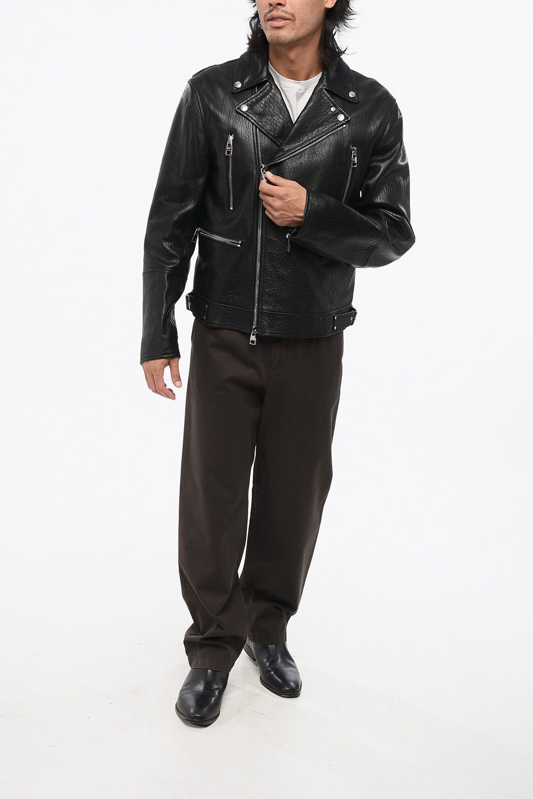 og1mm0925 Leather Biker Jacket in Black