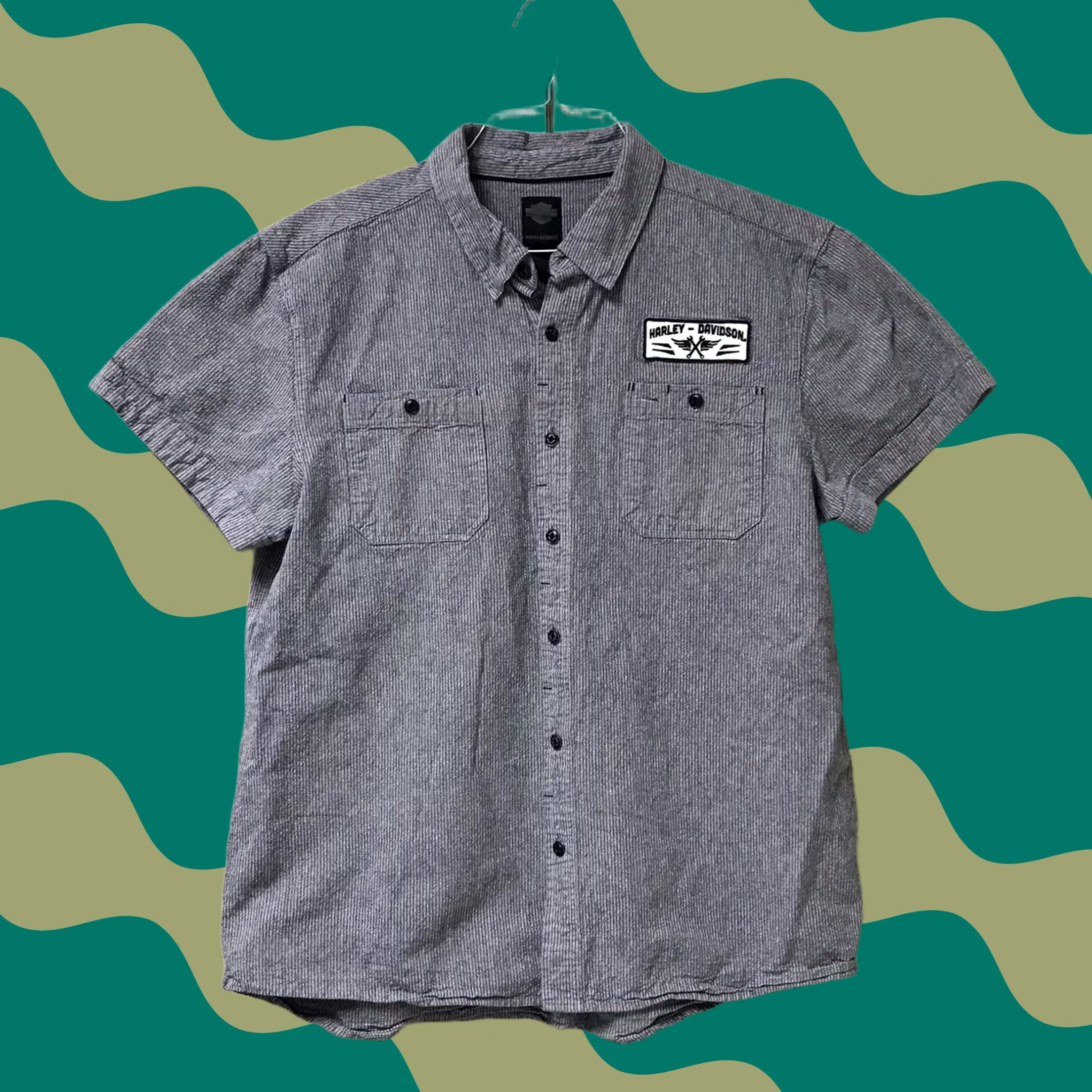 Harley Davidson Harley-Davidson Shirt Mens Button-Up Striped Short Sleeve 2XL Stone Gray Casual Workwear Size US XXL / EU 58 / 5 - 1 Thumbnail