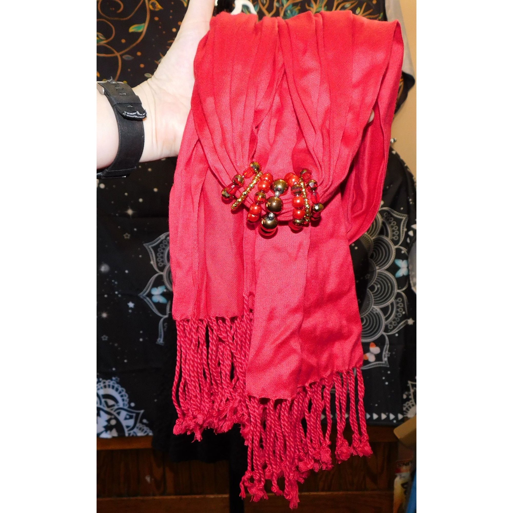Other Elegant Red Rayon Scarf With Beaded Ring Accents & Fringe Size ONE SIZE - 3 Thumbnail