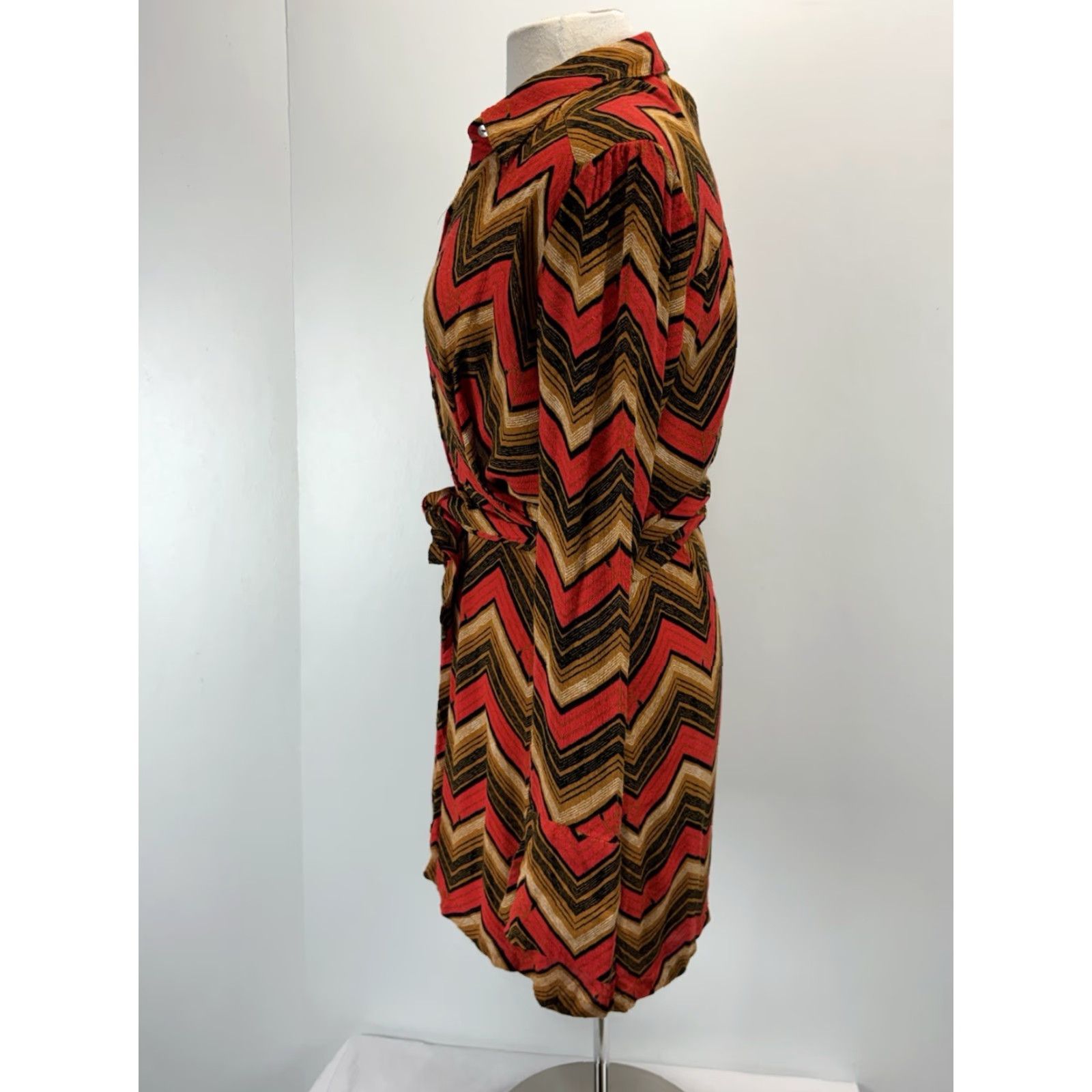 Free People Free People Chevron Shirt Dress Women L Button Front Tie Waist Boho Festival Multicolor Long Sleeve Collared Viscose Blend Short Dress Size L / US 10 / IT 46 - 2 Thumbnail